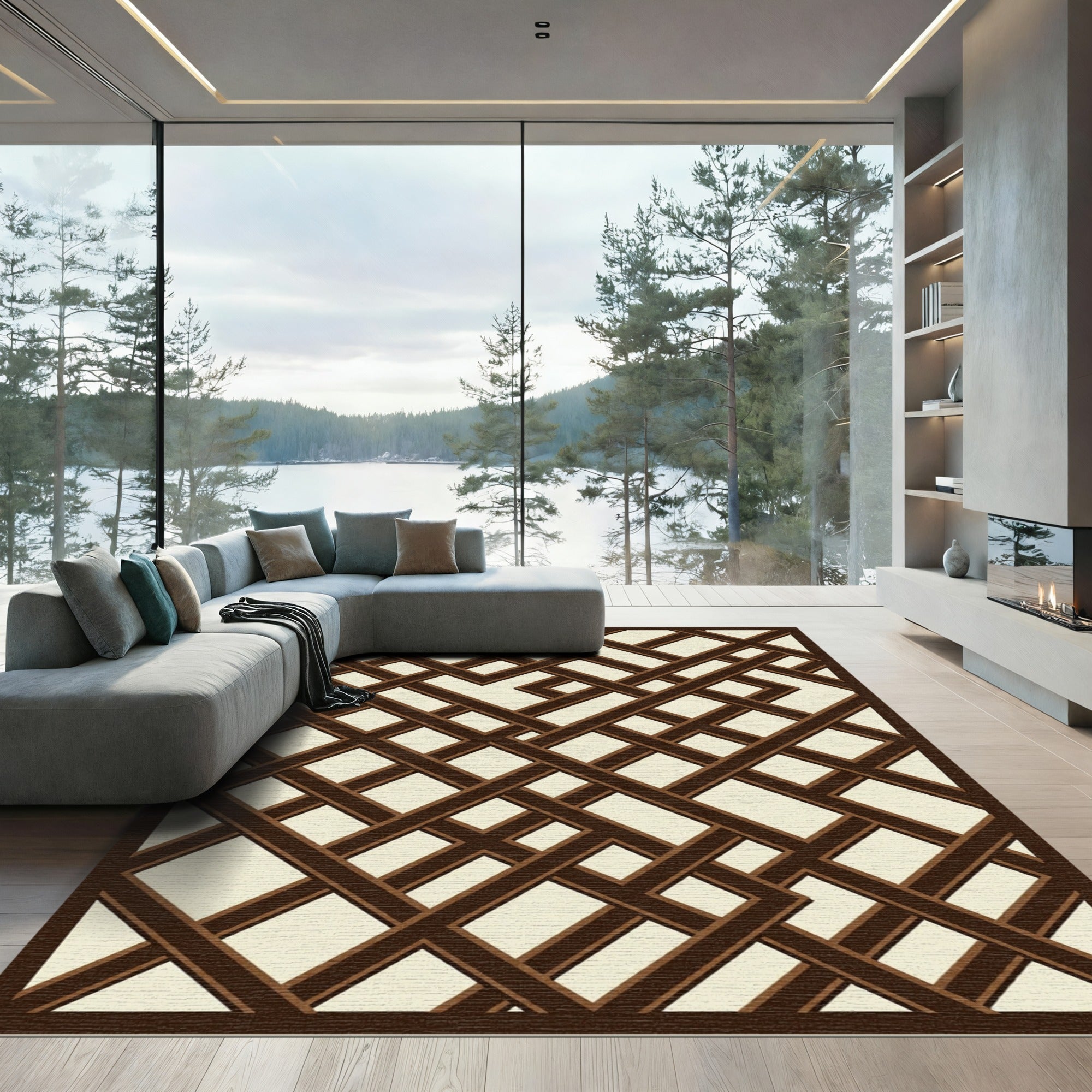 Dark Brown Interlaced Geometric Lattice Rug