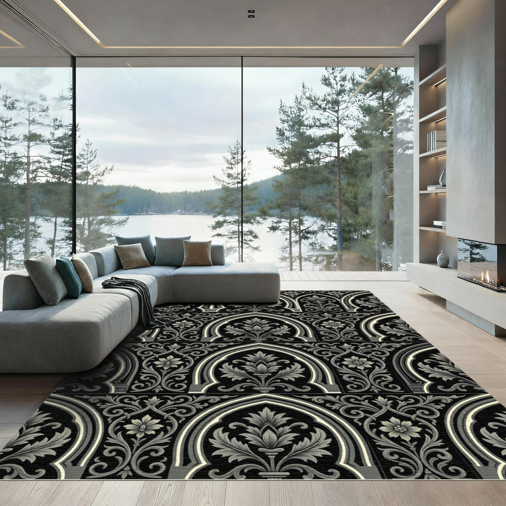 Black and Gray Arch Floral Scroll Rug