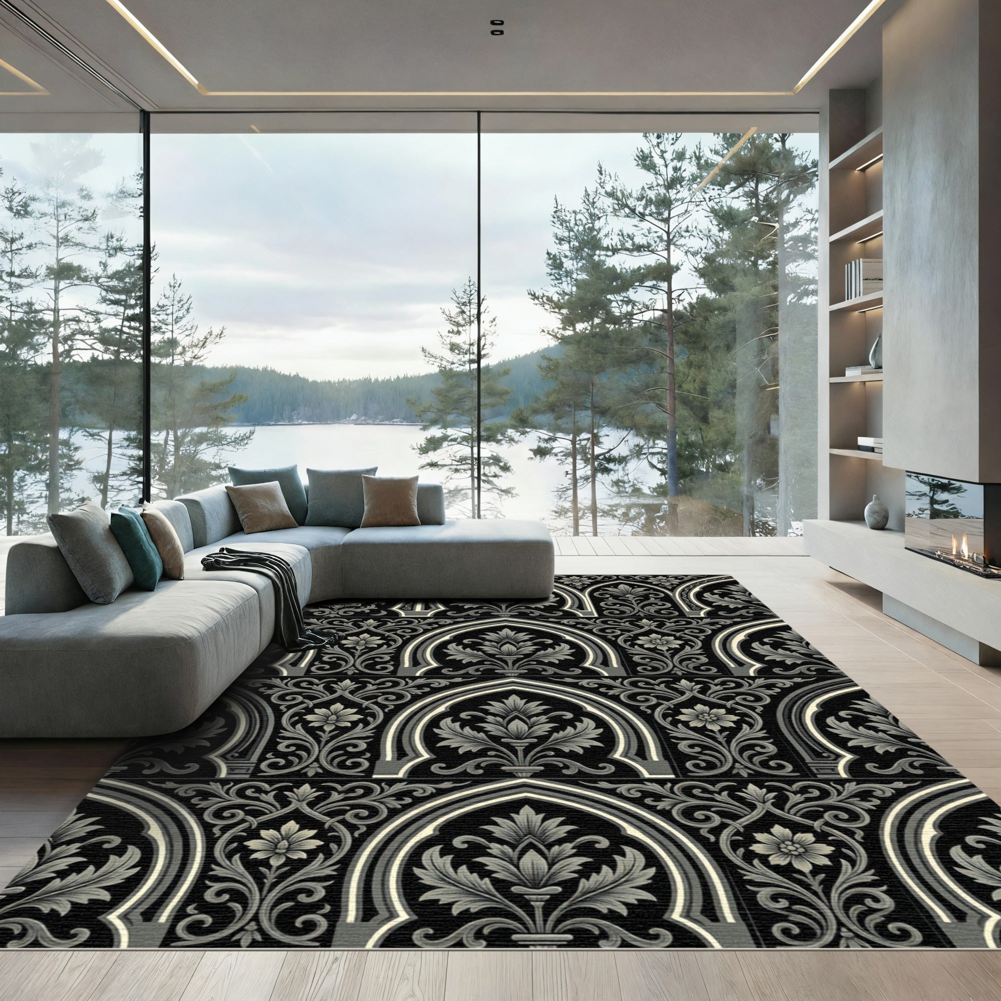 Black and Gray Arch Floral Scroll Rug