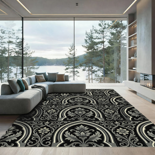 Black and Gray Arch Floral Scroll Rug