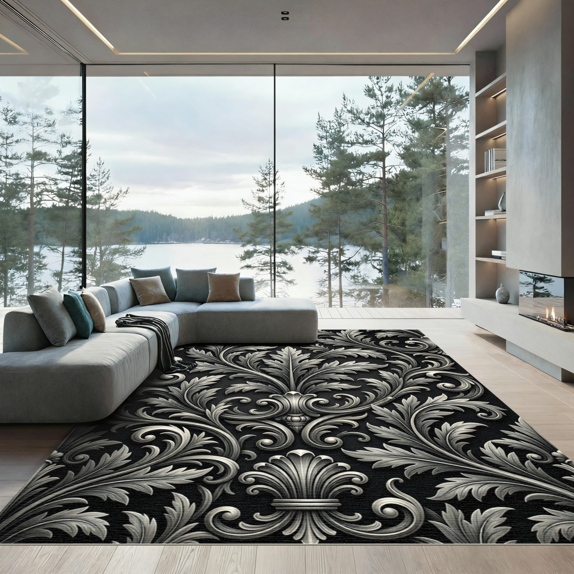 Ornate Black Silver Acanthus Scroll Rug
