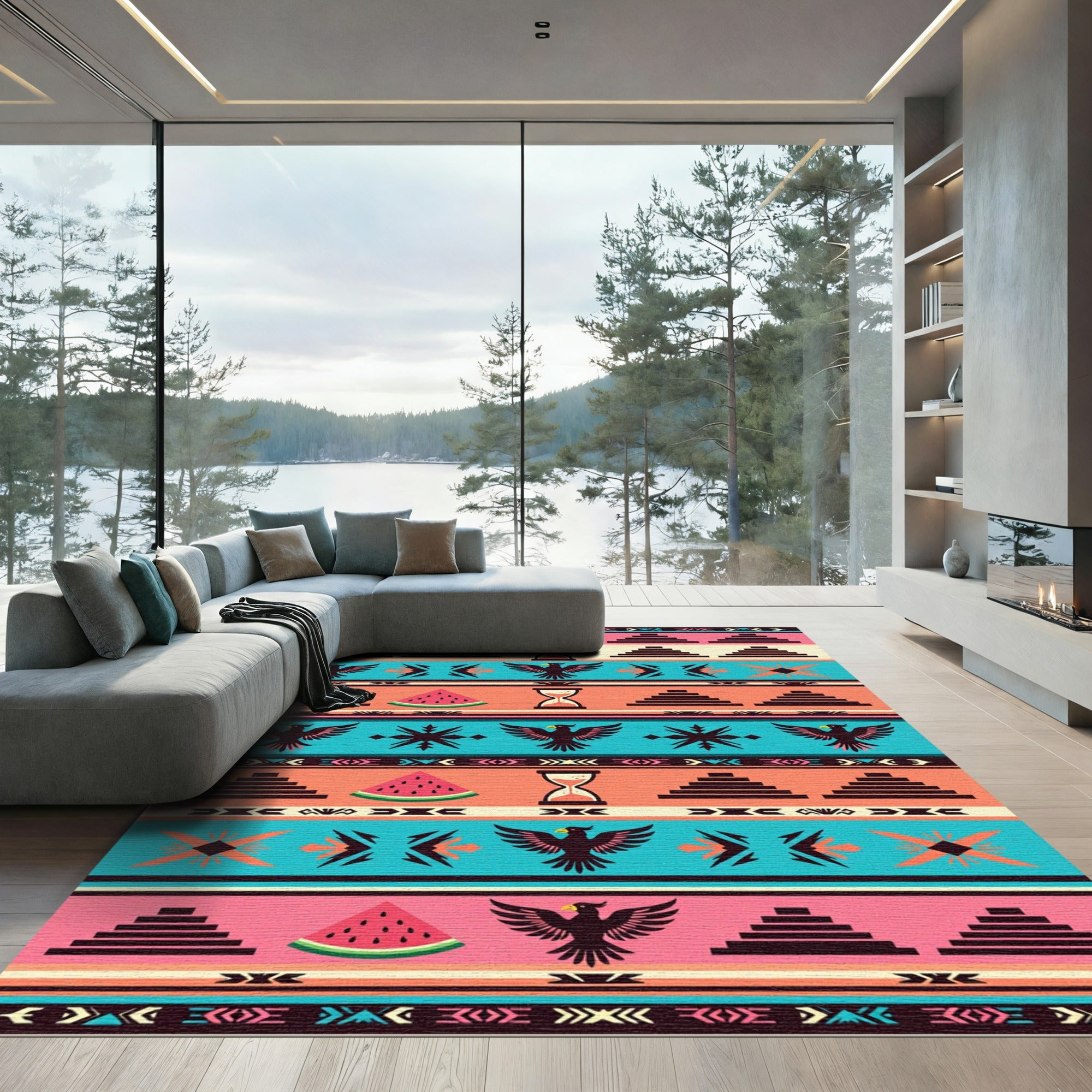 Vibrant Southwest Eagle Watermelon Hourglass Rug