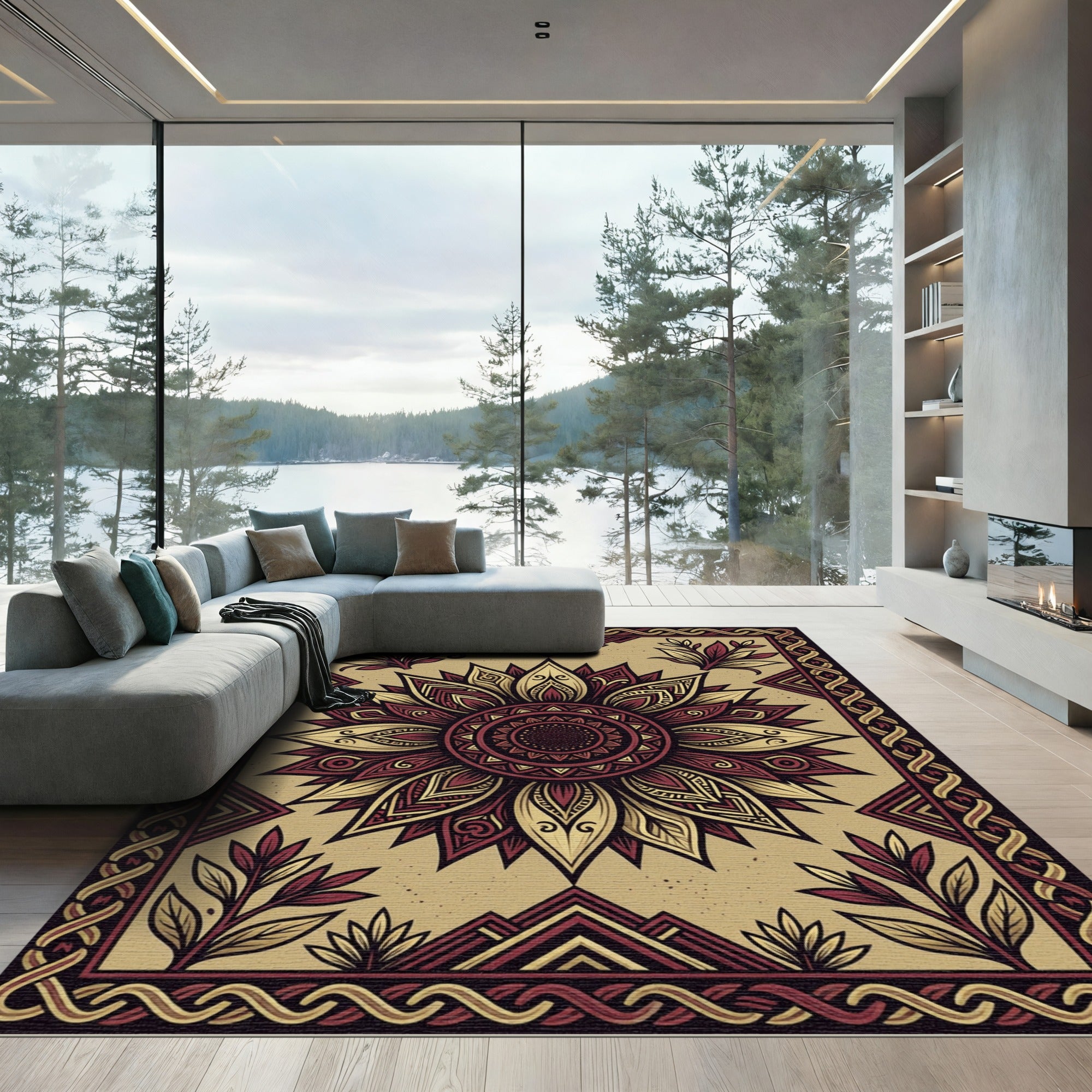 Crimson Gold Floral Sunburst Medallion Rug
