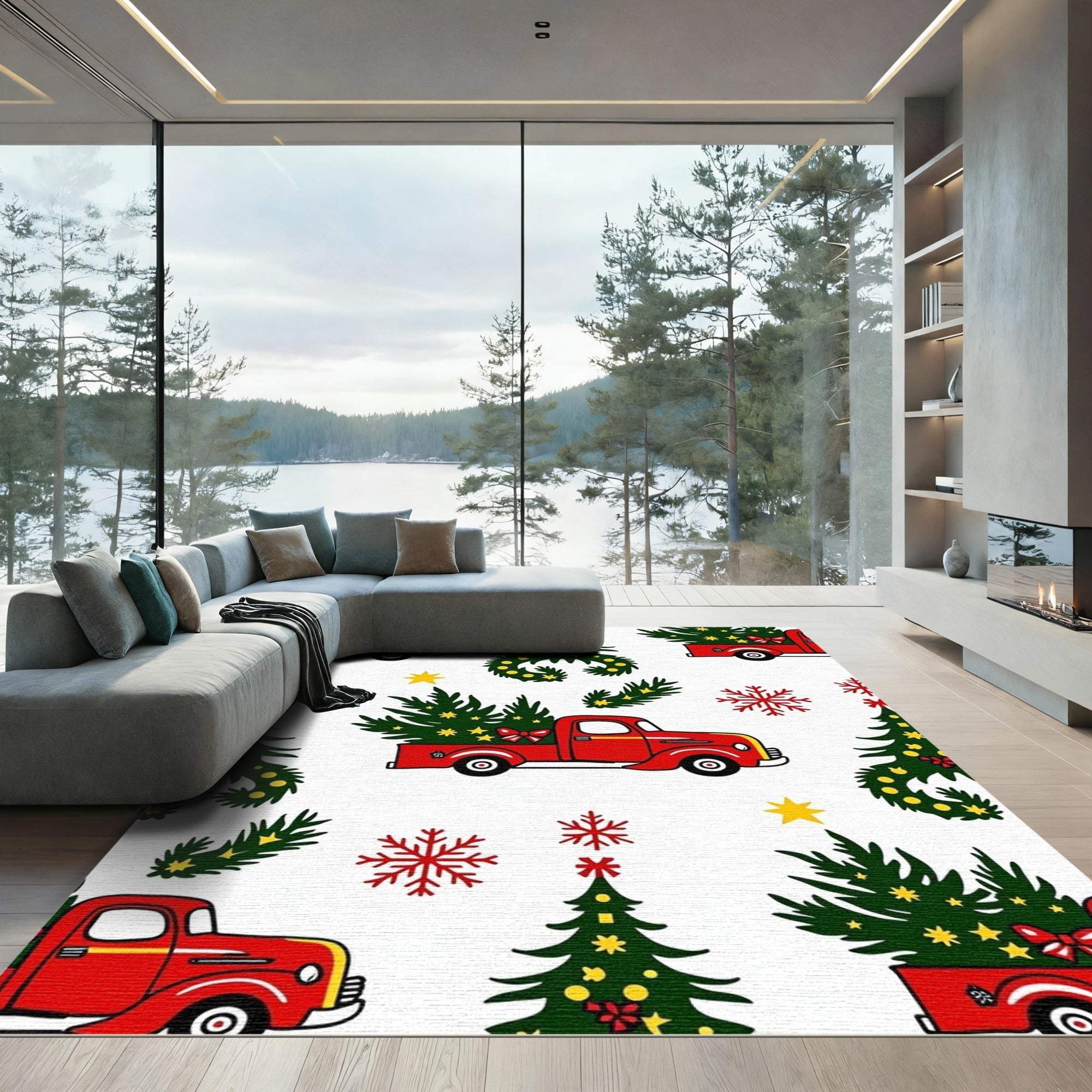 Red Vintage Truck Christmas Tree Snowflakes Rug