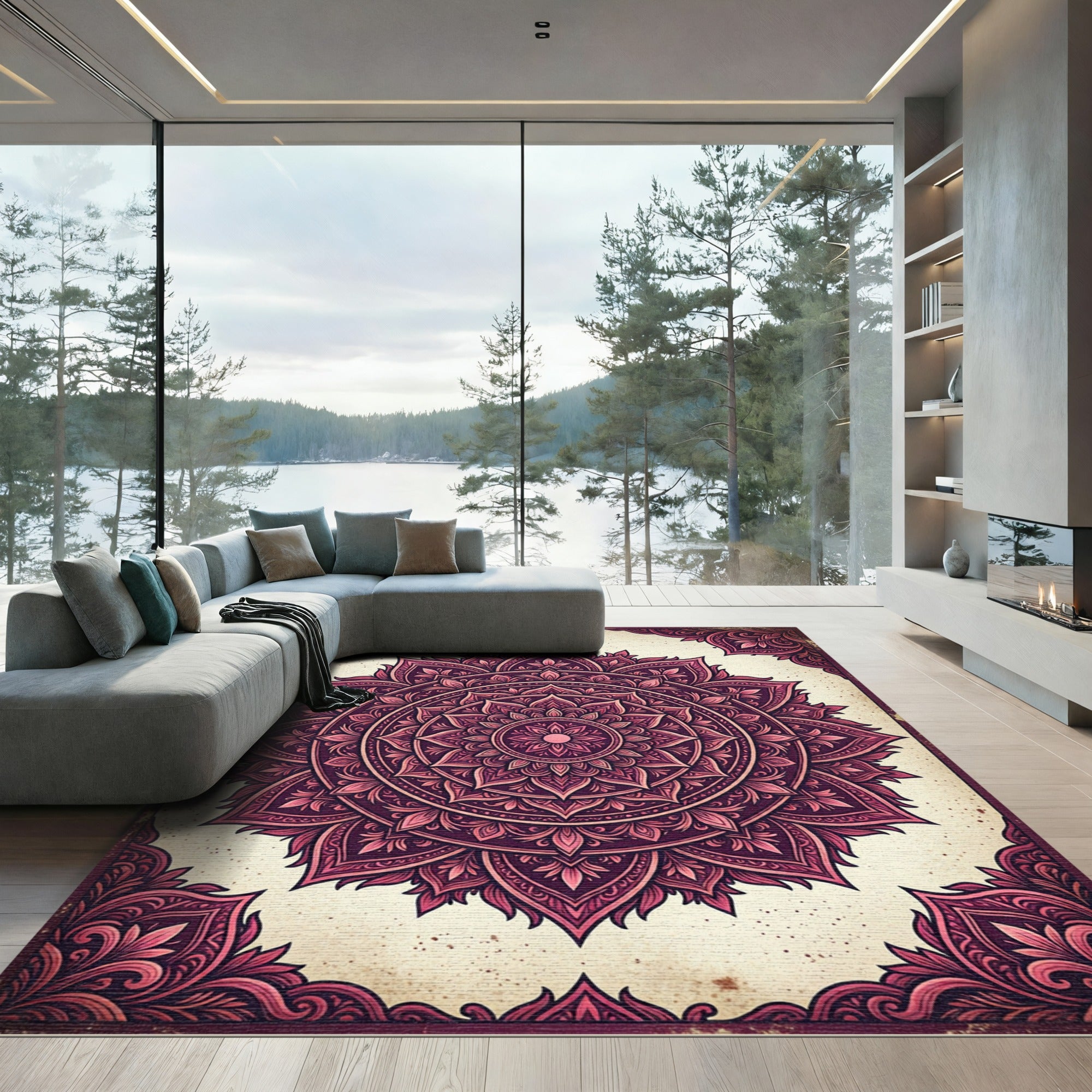 Deep Magenta Floral Mandala Medallion Rug