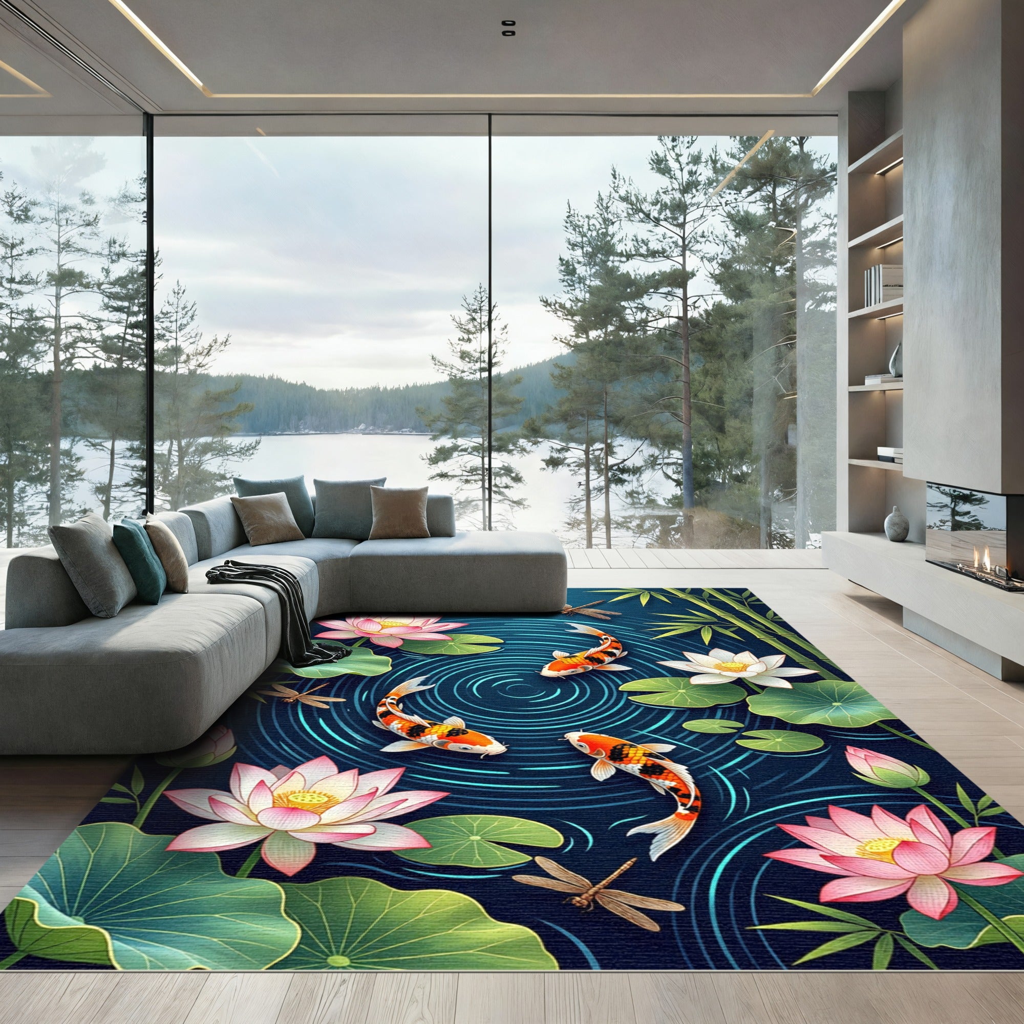 Koi Pond Lotus Zen Water Art Rug