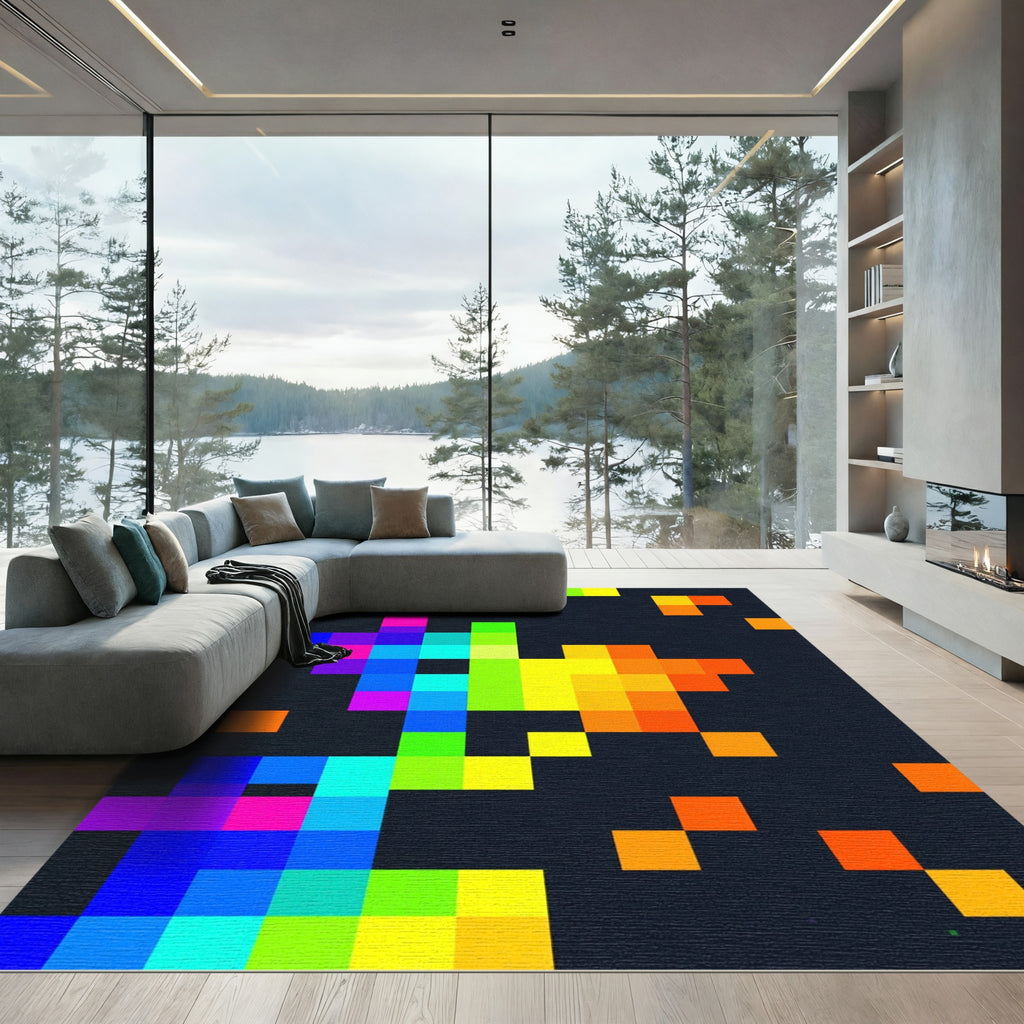 Vibrant Pixelated Rainbow Abstract Art Rug