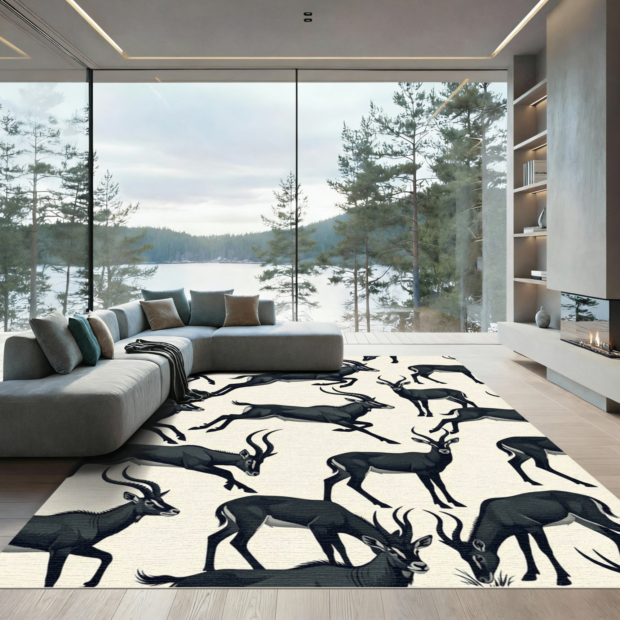 Monochrome Leaping Antelope Animal Illustration Rug