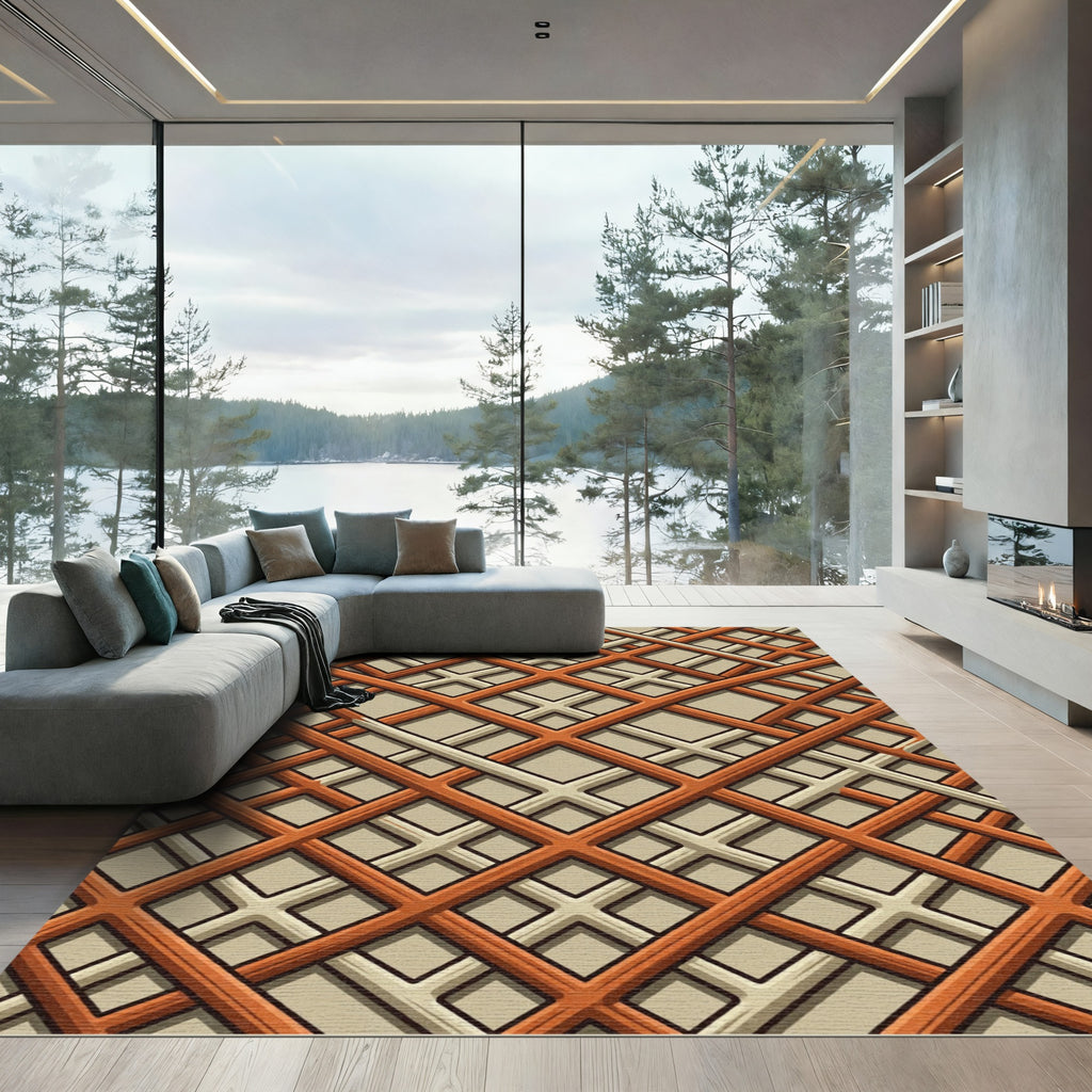 Terracotta Lattice Interlocking Squares Rug