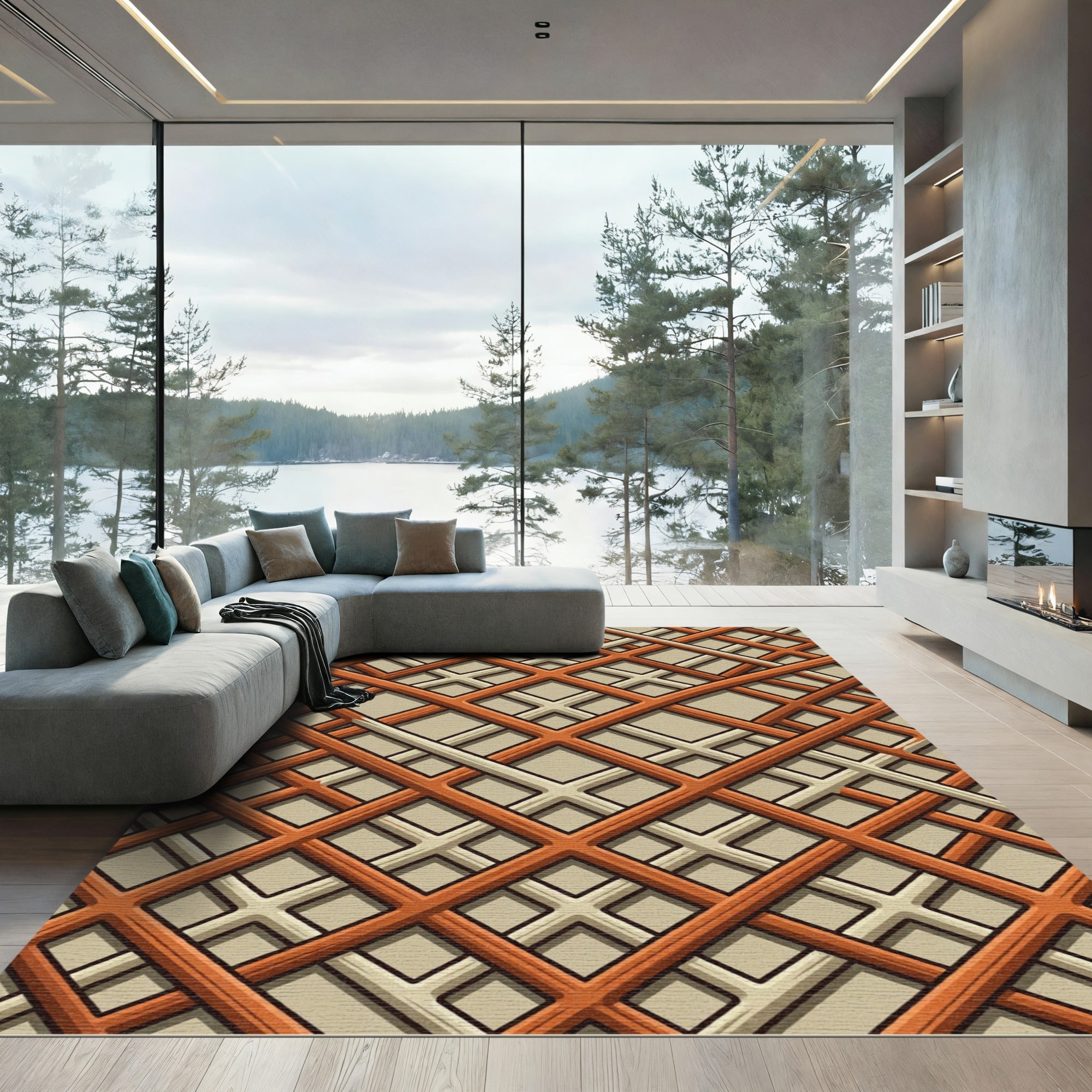 Terracotta Lattice Interlocking Squares Rug