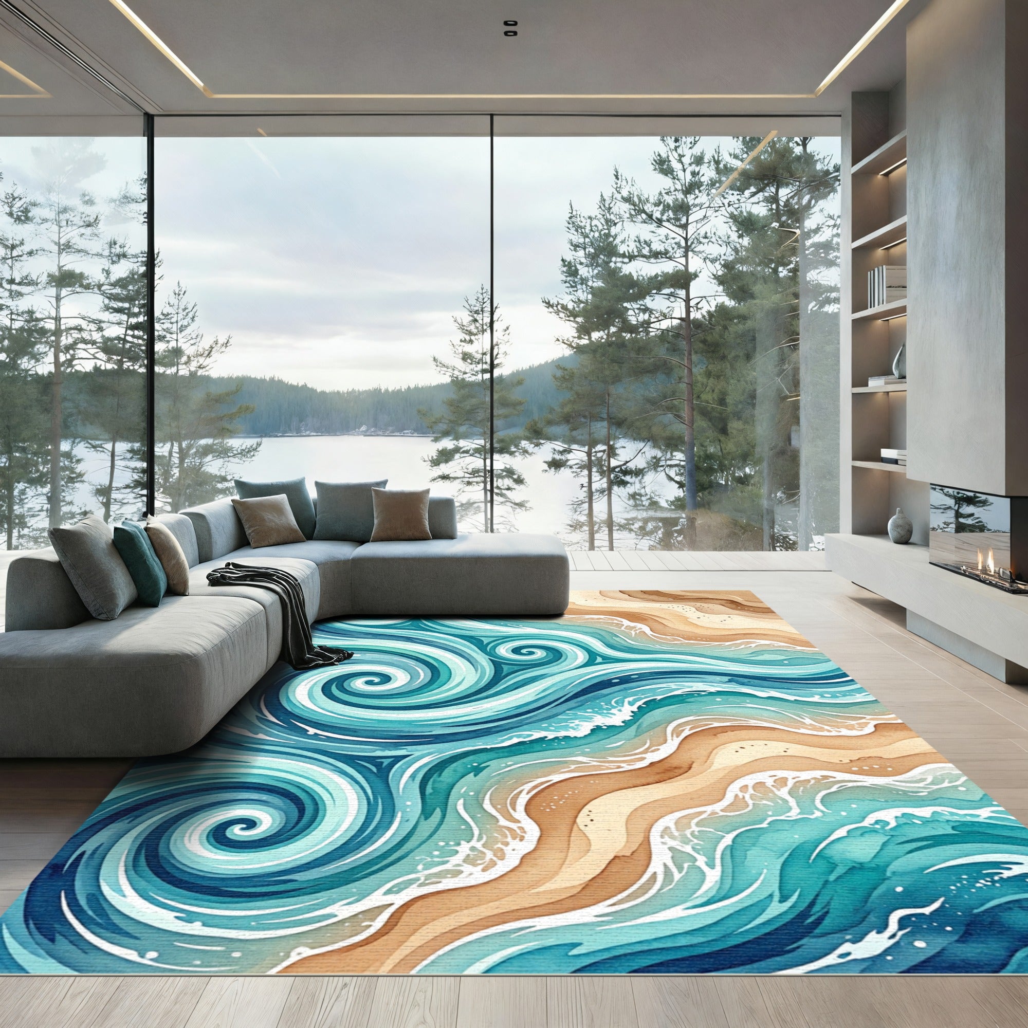 Ethereal Teal Ocean Swirl Abstract Rug