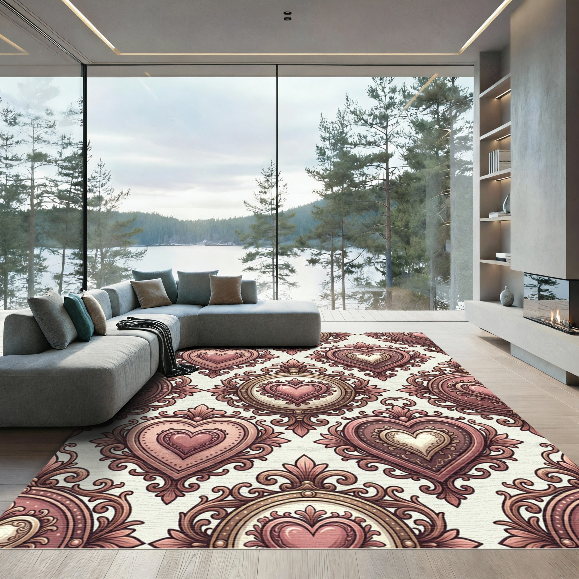 Ornate Baroque Heart Floral Tapestry Rug