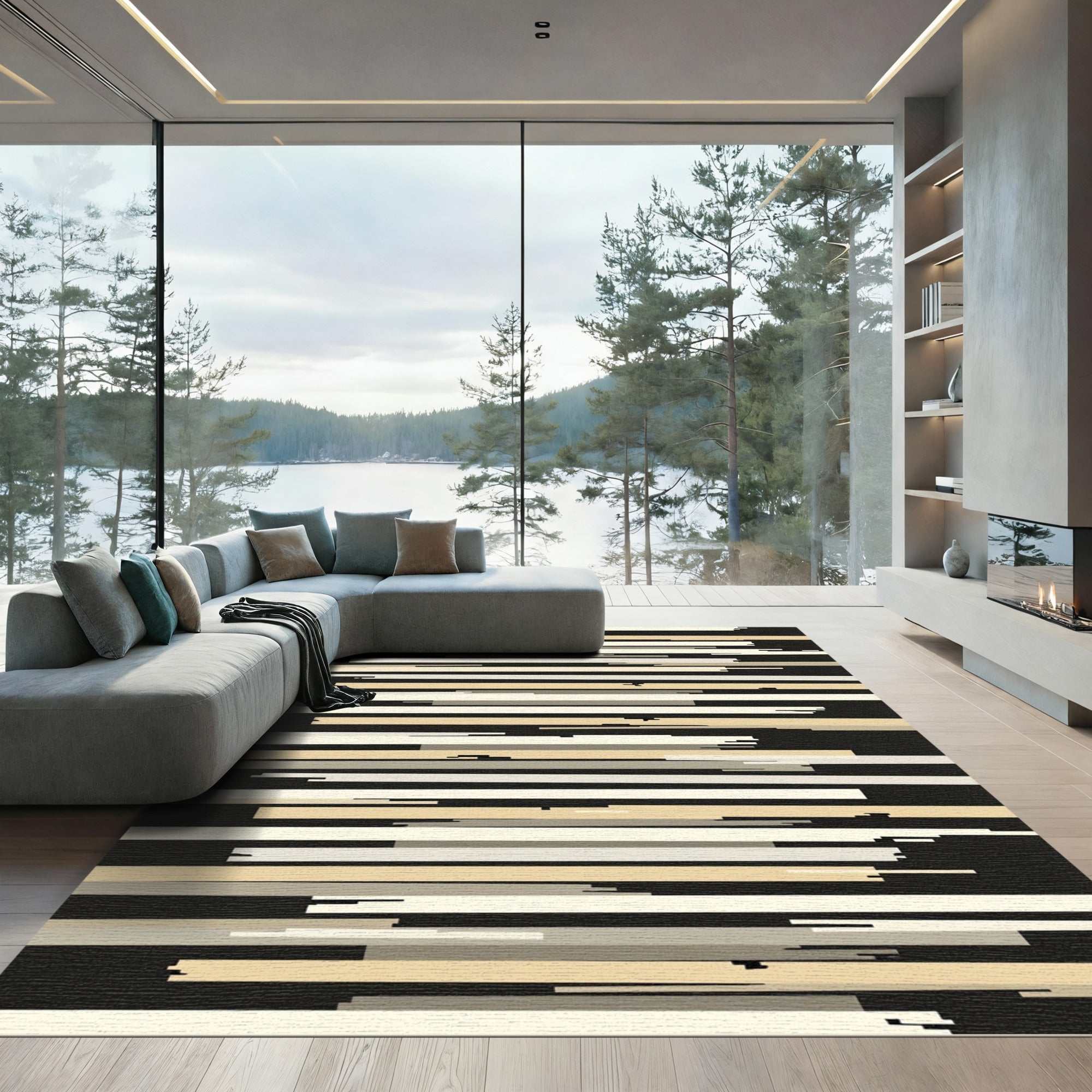 Abstract Ochre White Striped Composition Rug