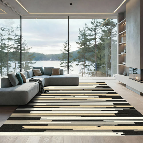 Abstract Ochre White Striped Composition Rug