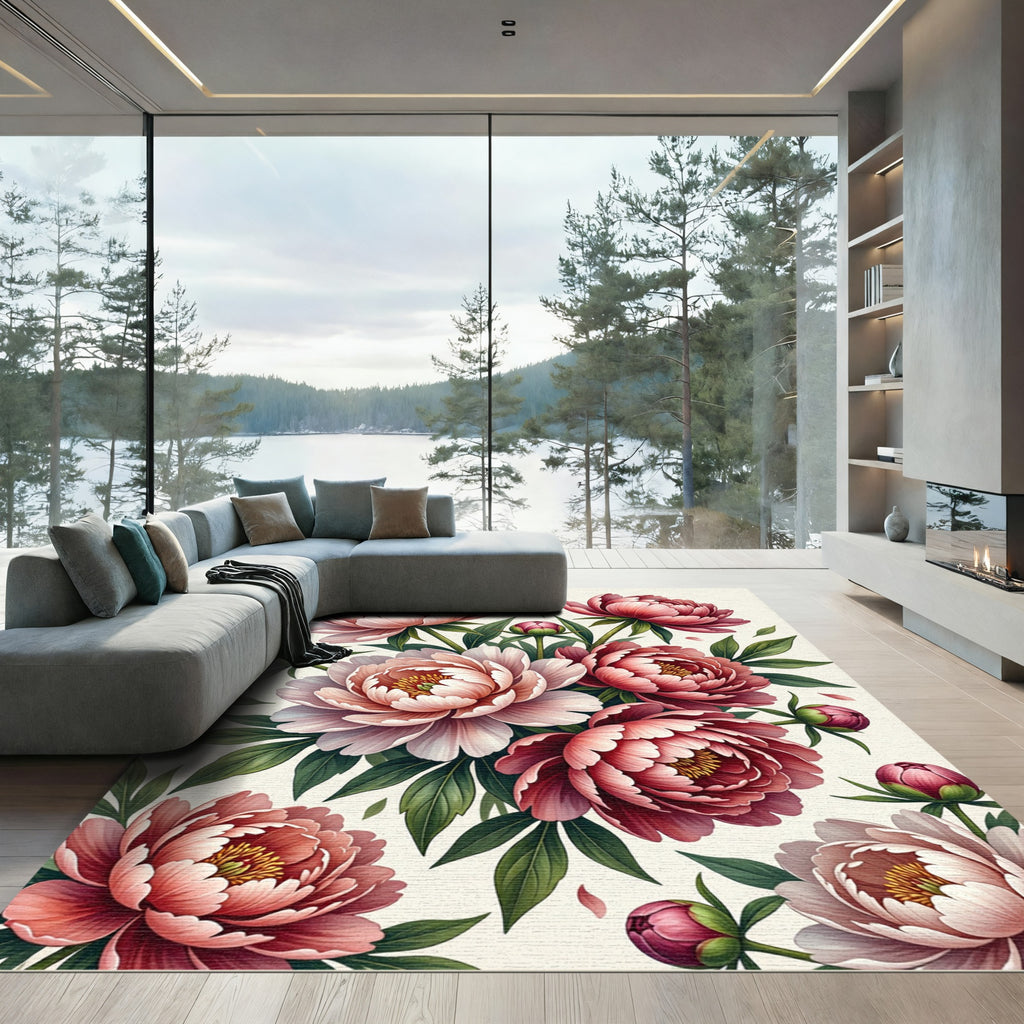 Blushing Pink Peony Floral Arrangement Rug