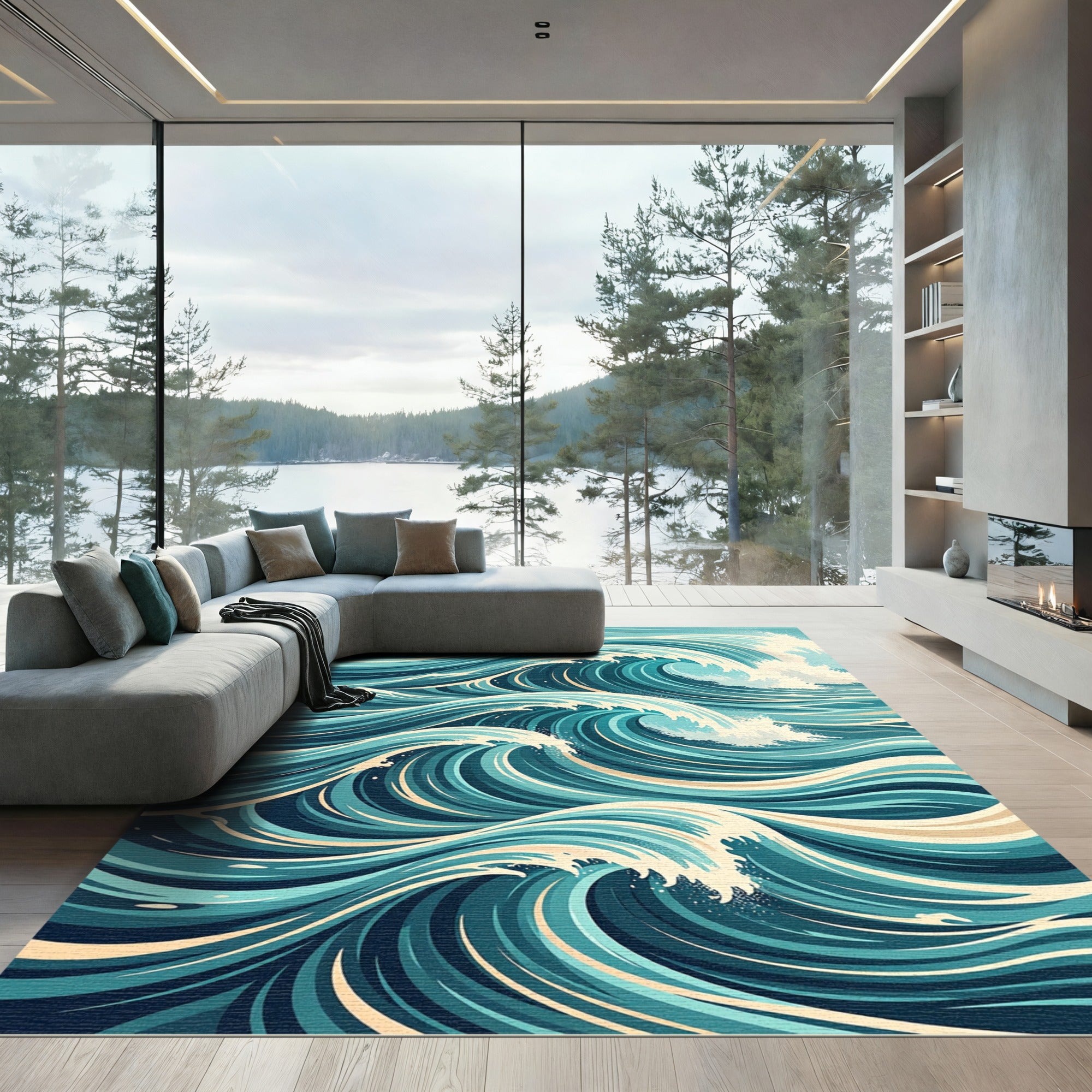 Dynamic Deep Sea Blue Wave Abstract Rug