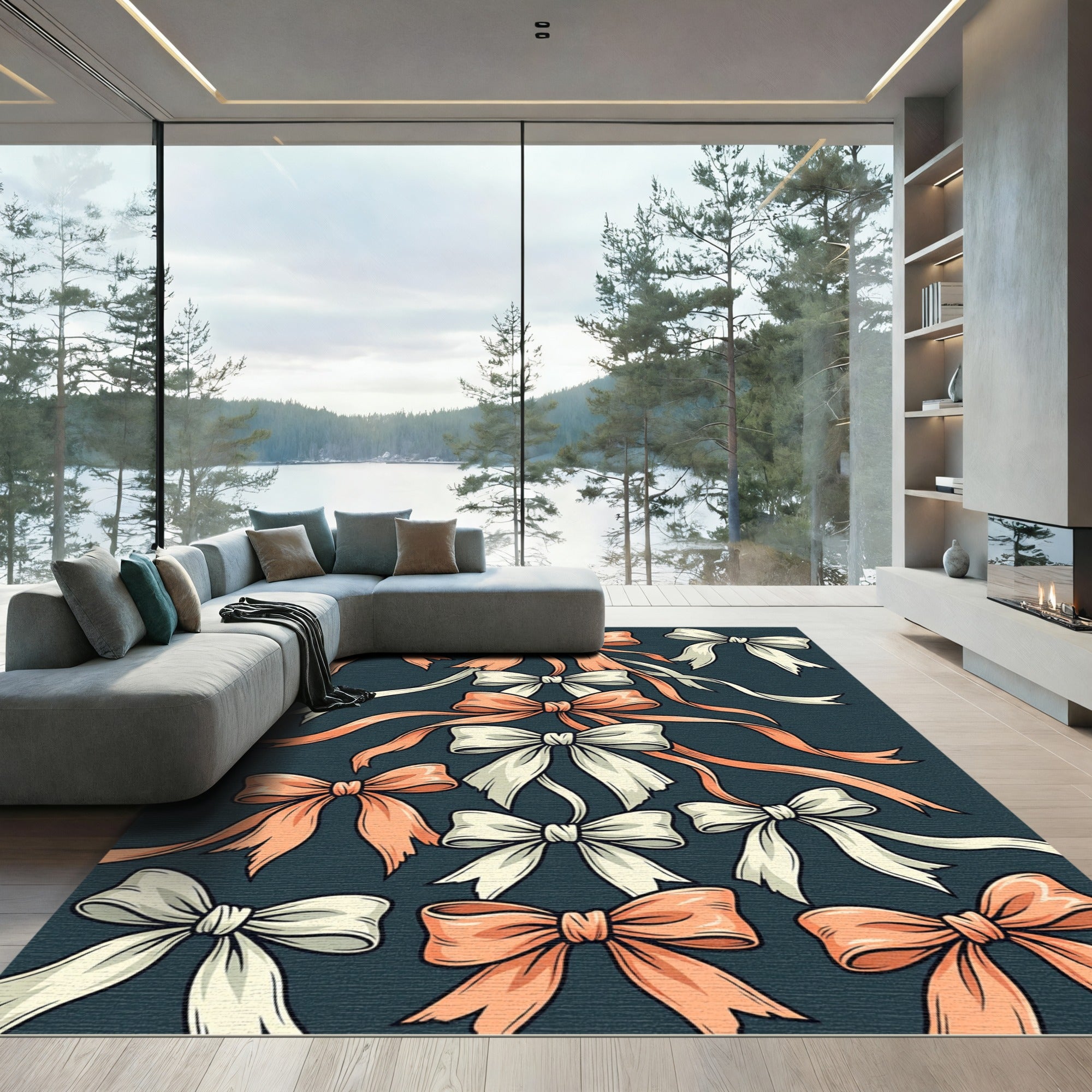 Elegant Peach Ivory Ribbon Bow Cascade Rug