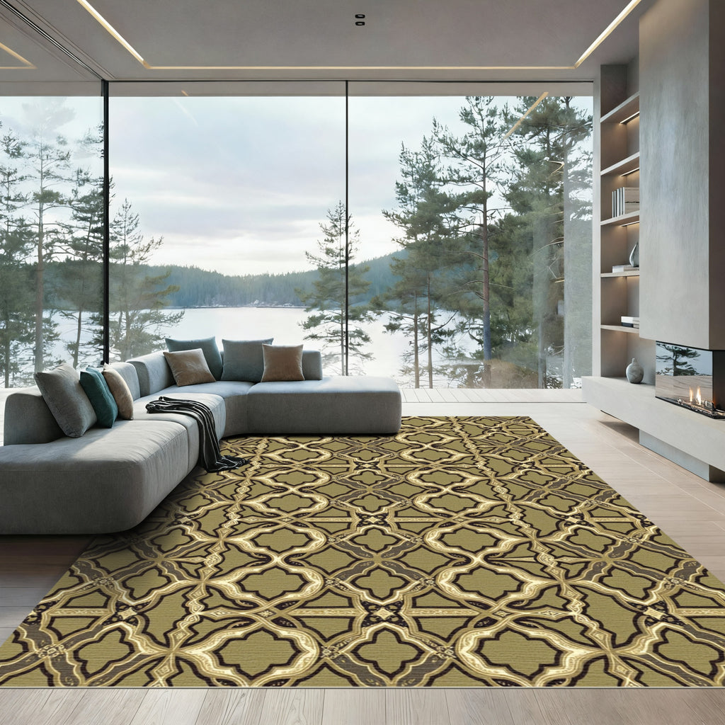 Olive Green Ornate Quatrefoil Damask Rug