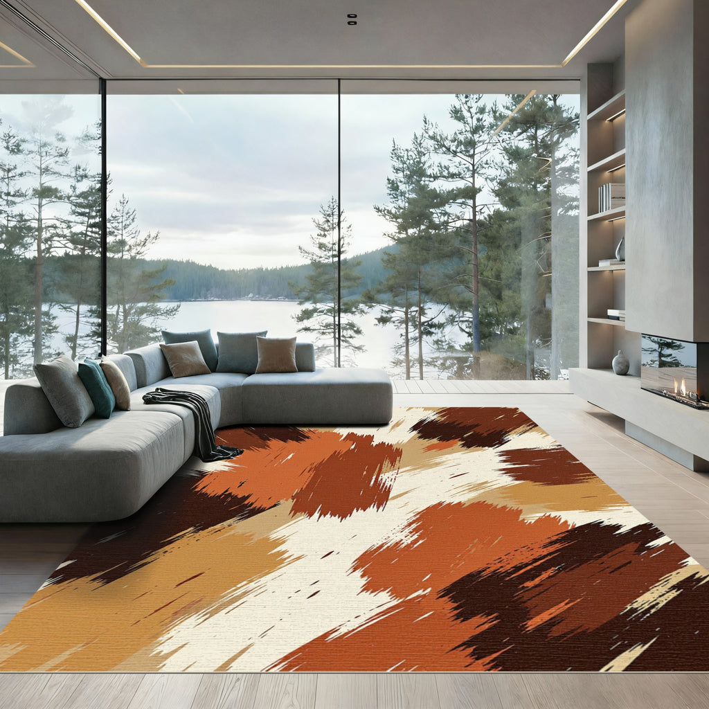 Earthy Abstract Brushstroke Ochre Brown Rug