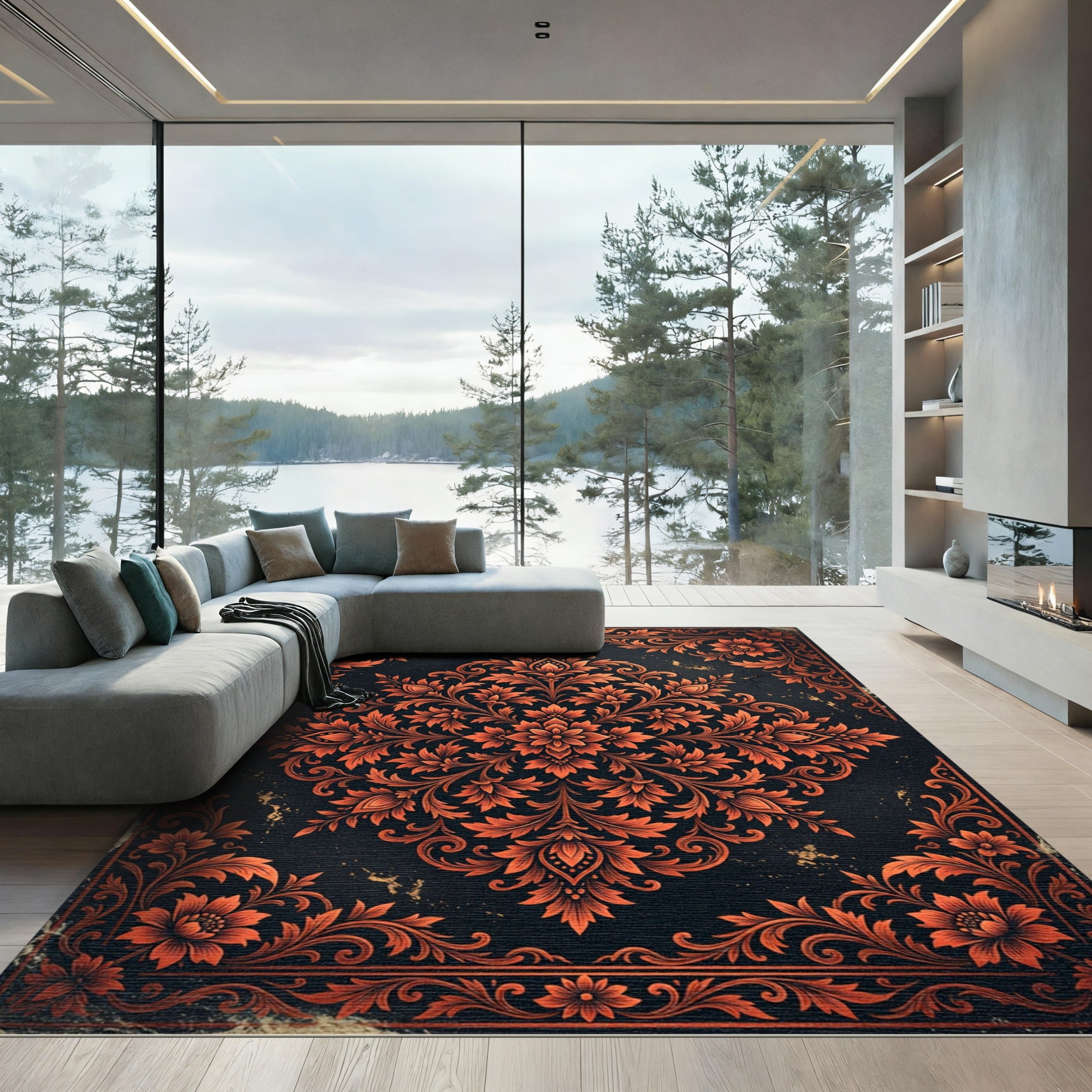 Ornate Copper Floral Damask Medallion Rug