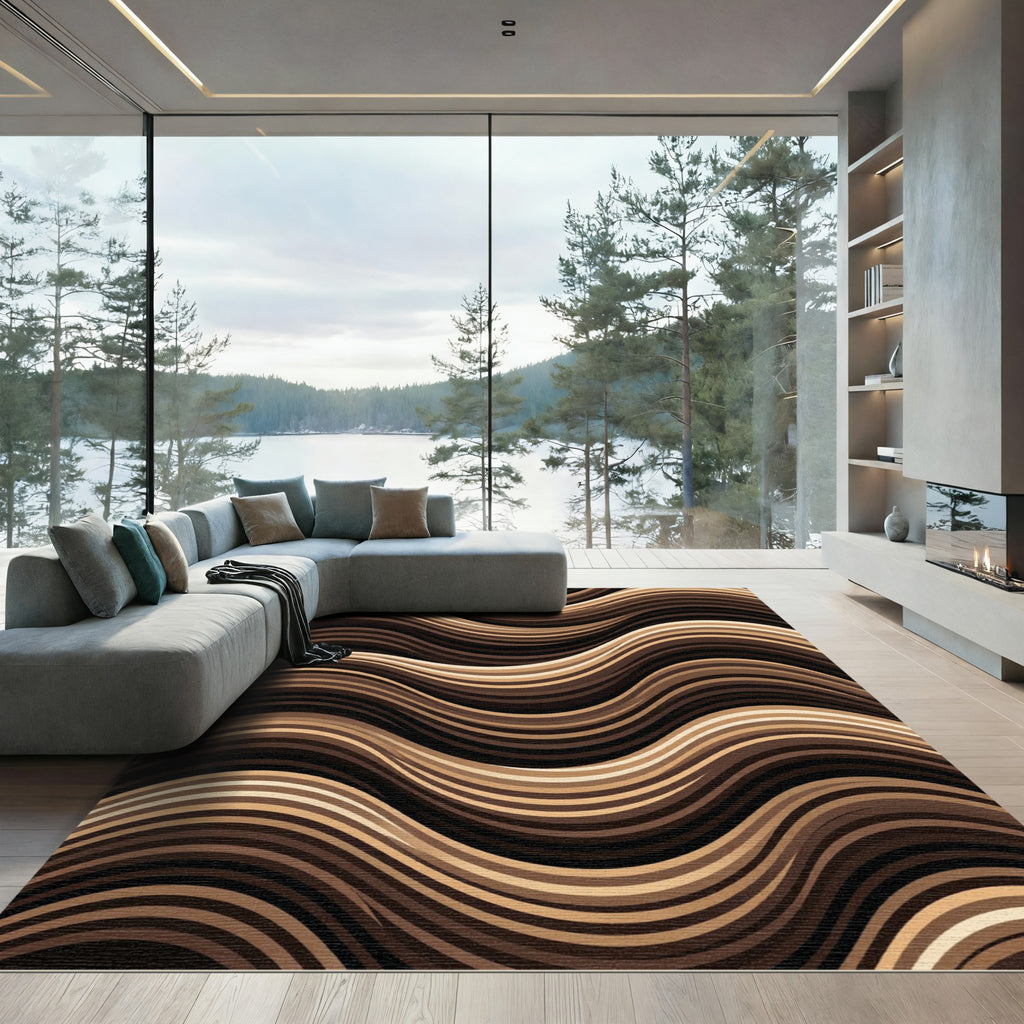 Contemporary Brown Wavy Fluid Stripe Rug