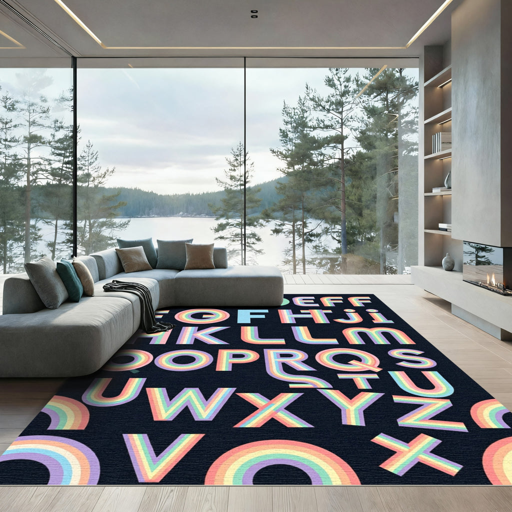 Vibrant Retro Rainbow Alphabet Typography Rug