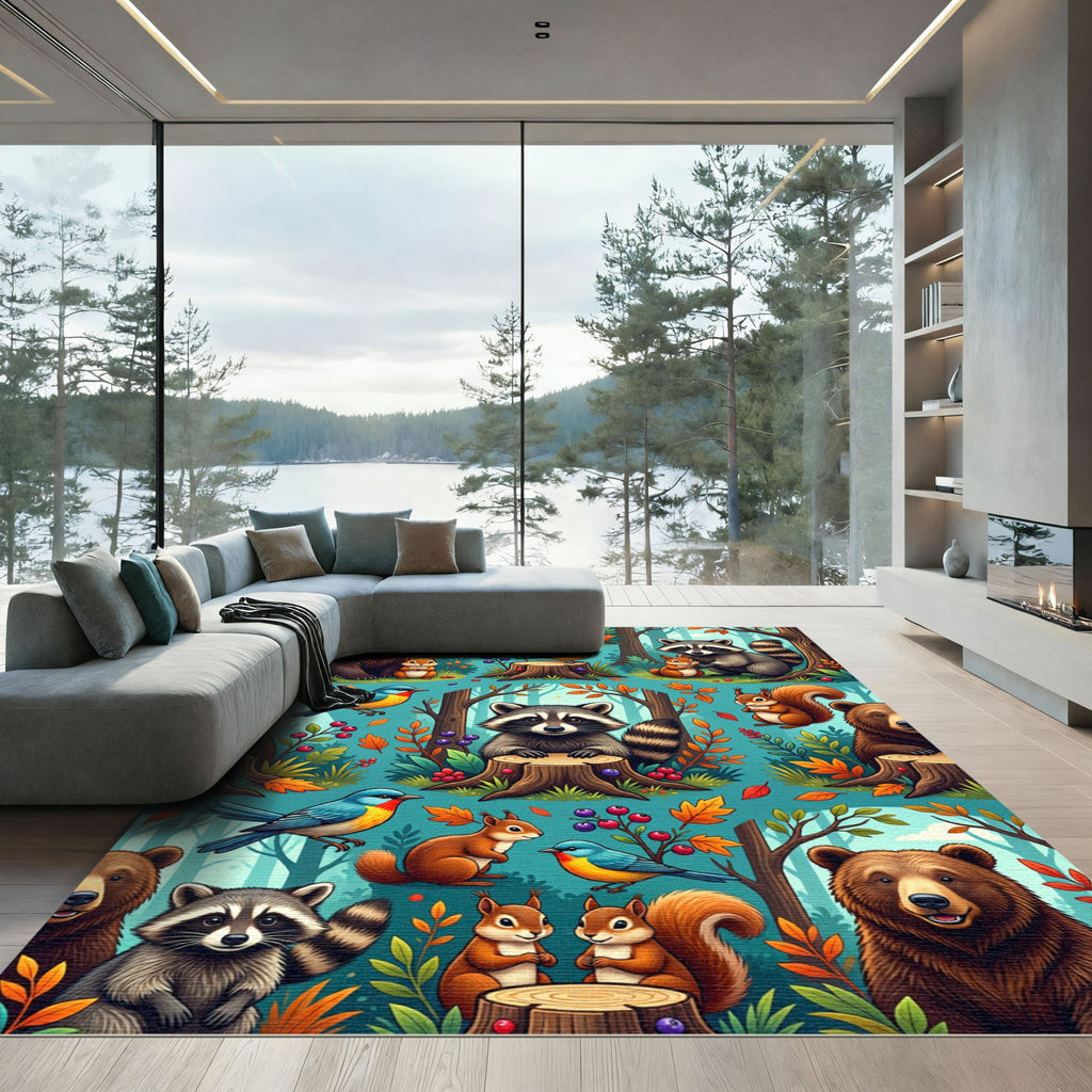 Whimsical Woodland Animals Forest Meadow Scene Rug