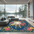 Fuchsia Rose Bouquet Blue Jewel Border Rug