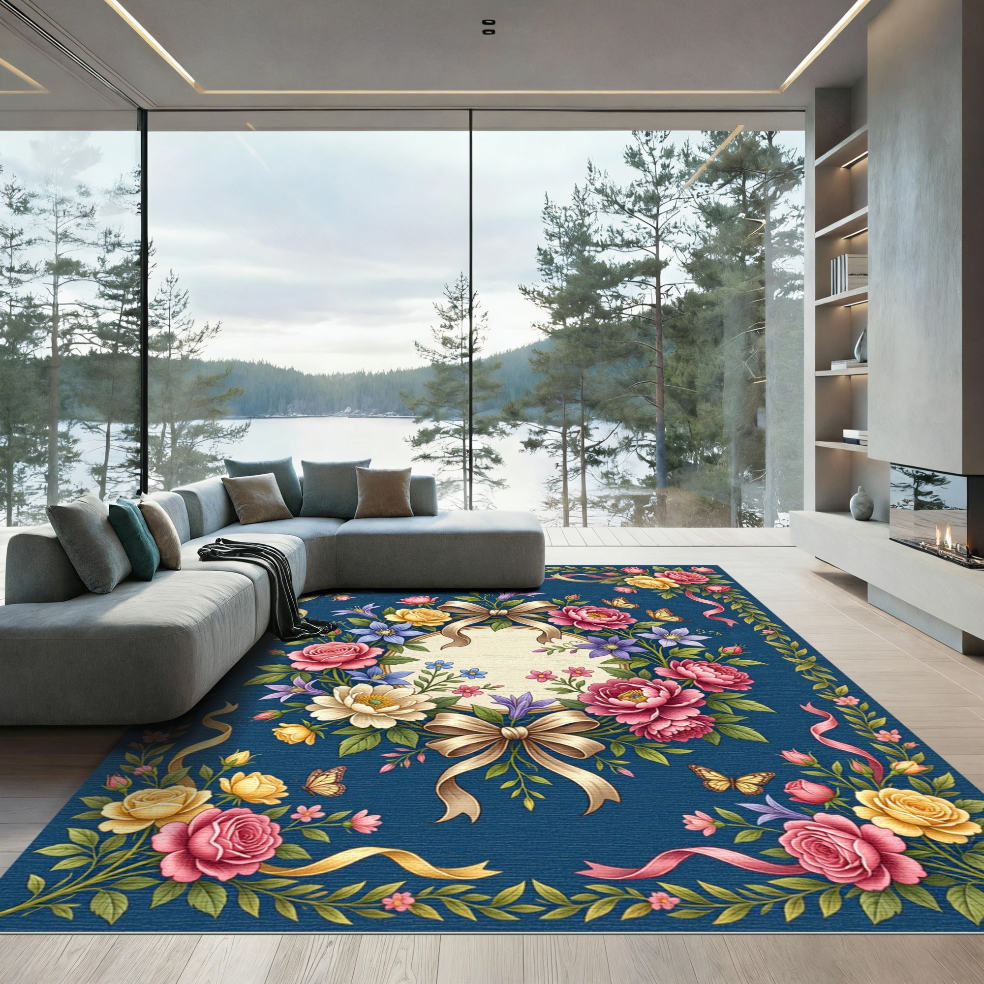Fuchsia Rose Bouquet Blue Jewel Border Rug