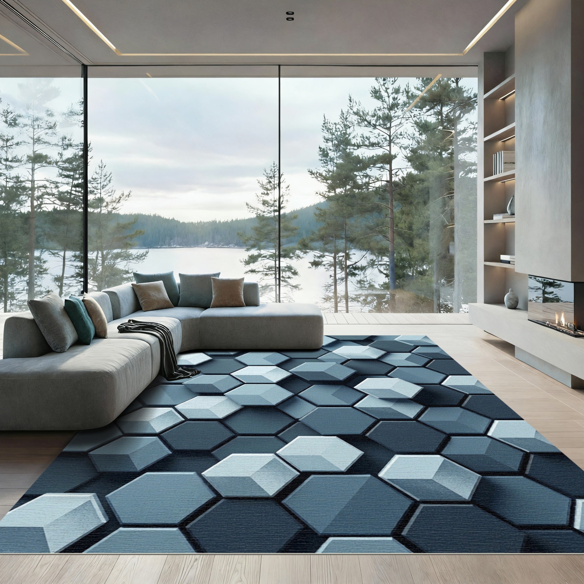 Modern Blue Geometric Hexagon Composition Rug