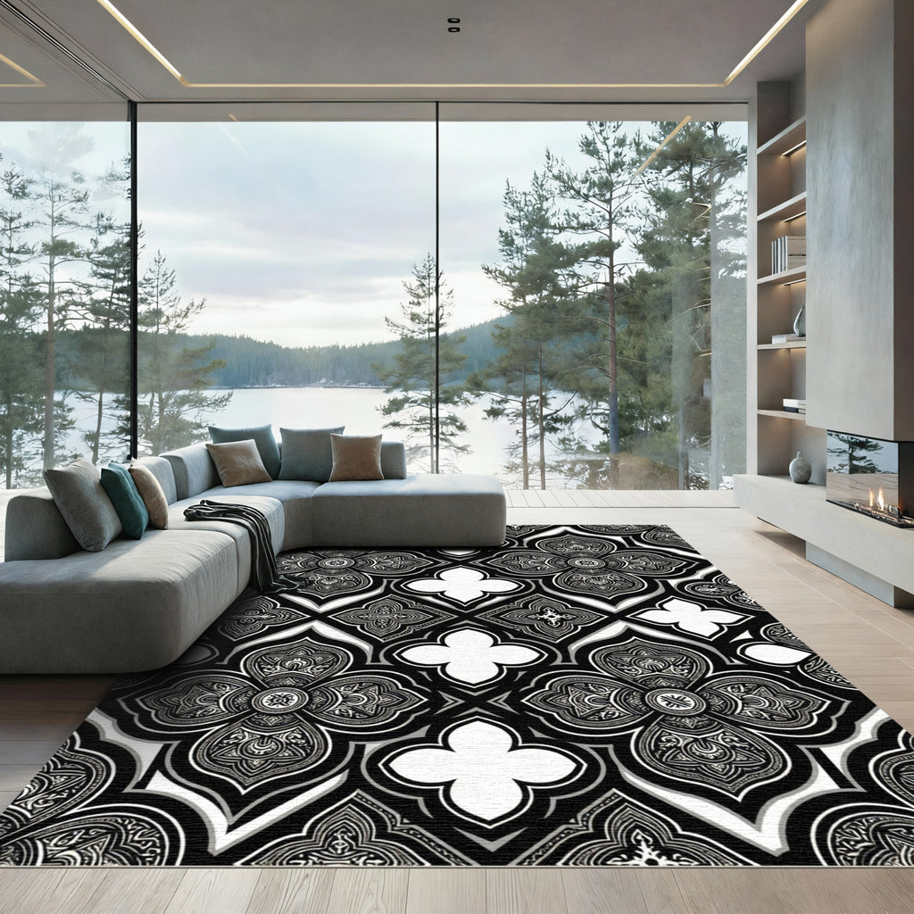 Monochrome Gothic Quatrefoil Geometric Tile Rug