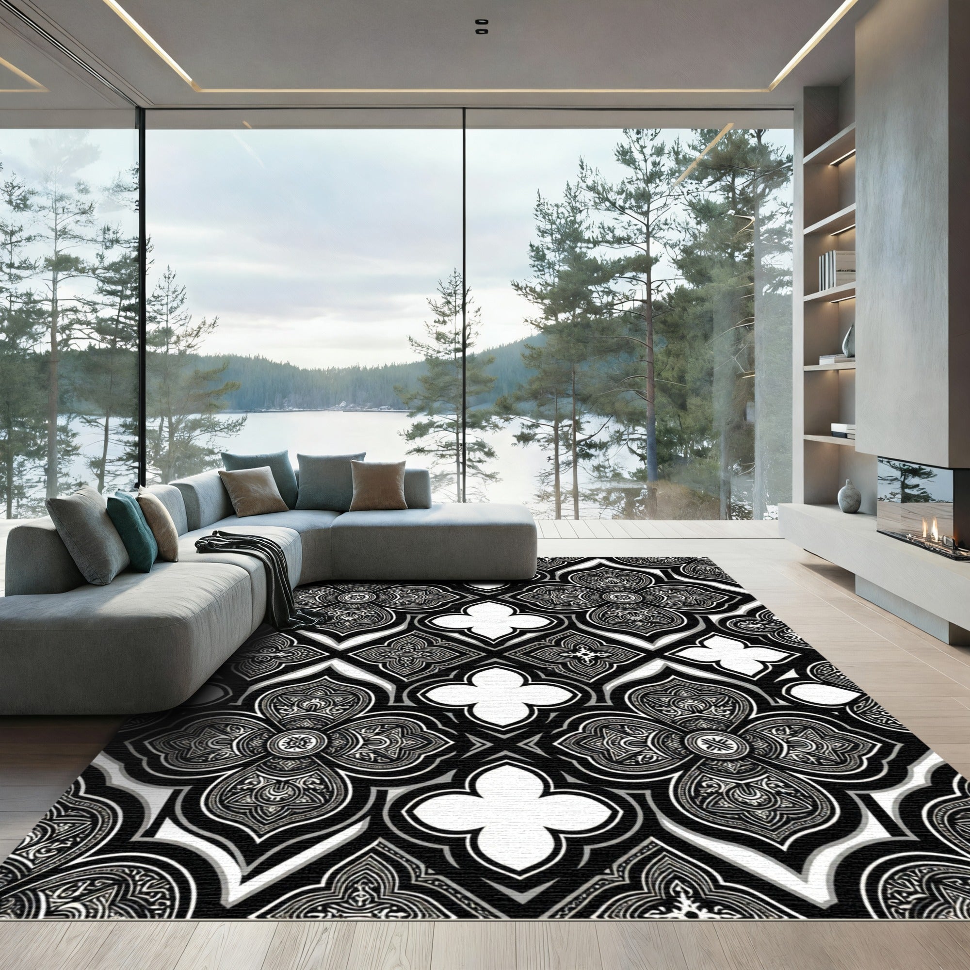 Monochrome Gothic Quatrefoil Geometric Tile Rug
