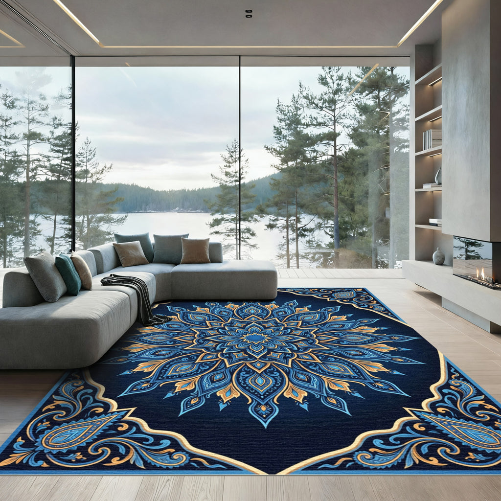 Blue Gold Paisley Mandala Floral Rug