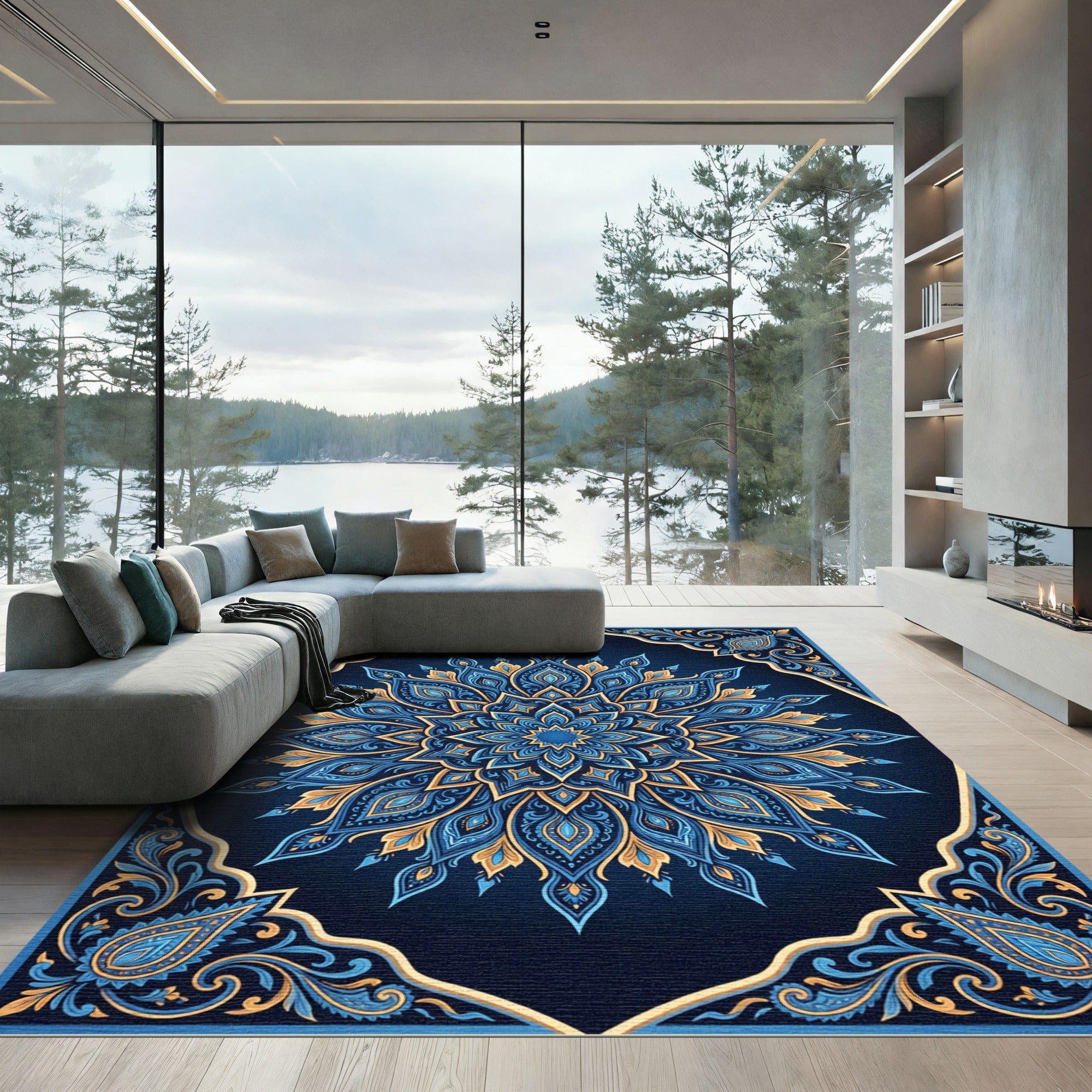 Blue Gold Paisley Mandala Floral Rug