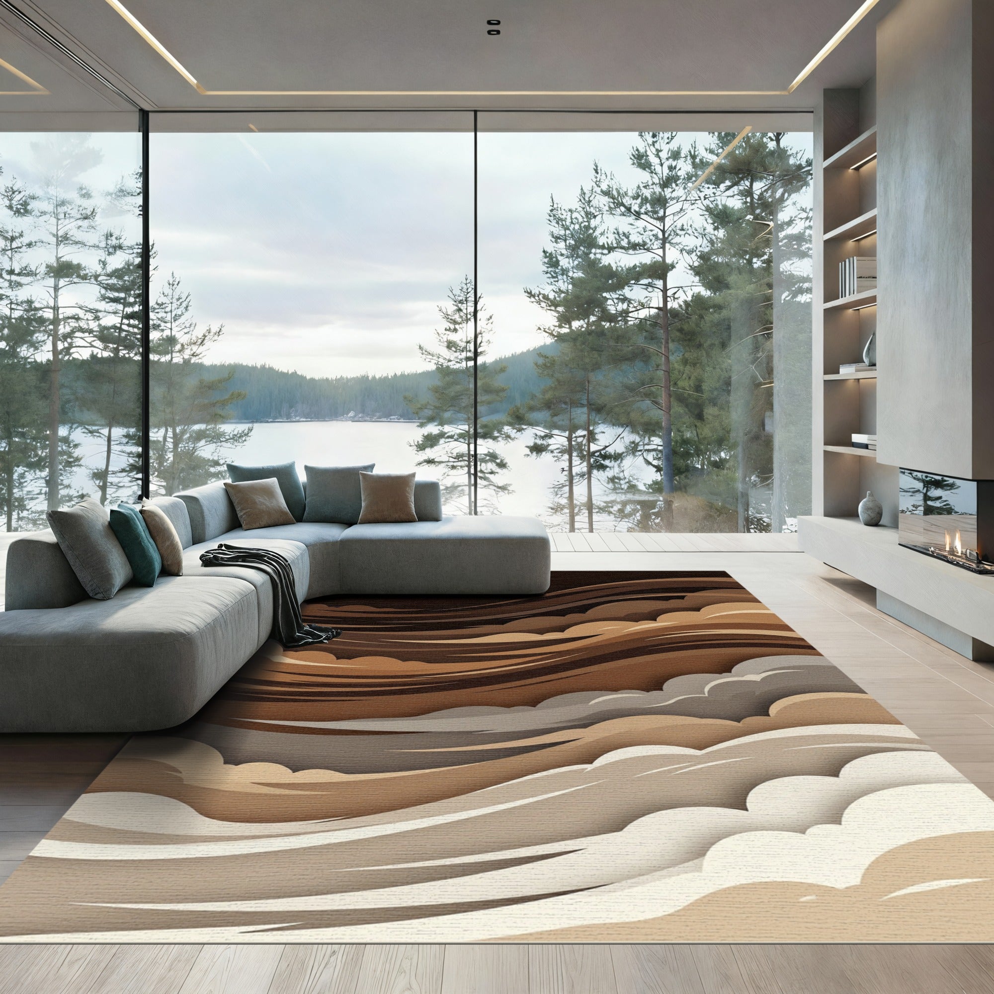 Earthy Brown Abstract Cloud Layers Rug