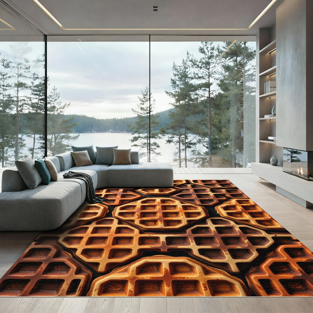 Golden Brown Geometric Waffle Grid Rug