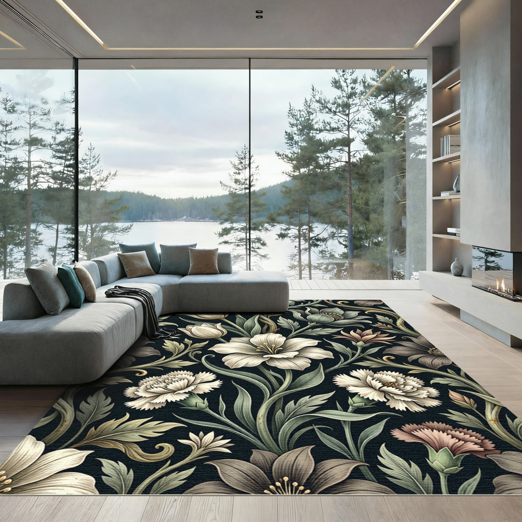 Vintage Dark Floral Botanical Cream Bloom Rug