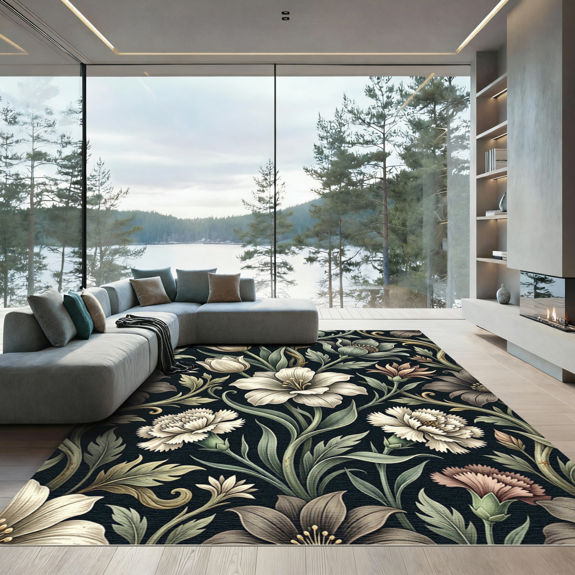 Vintage Dark Floral Botanical Cream Bloom Rug