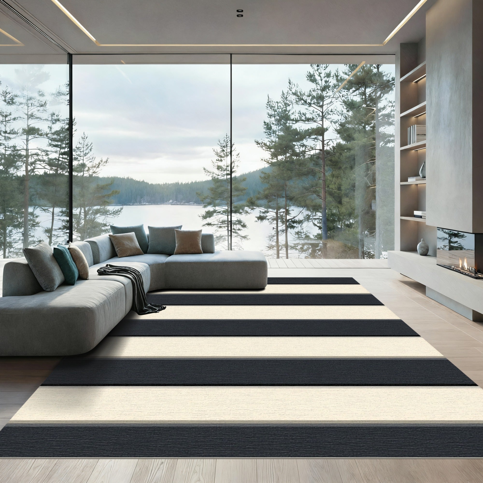 Modern Dark Cream Horizontal Stripe Rug