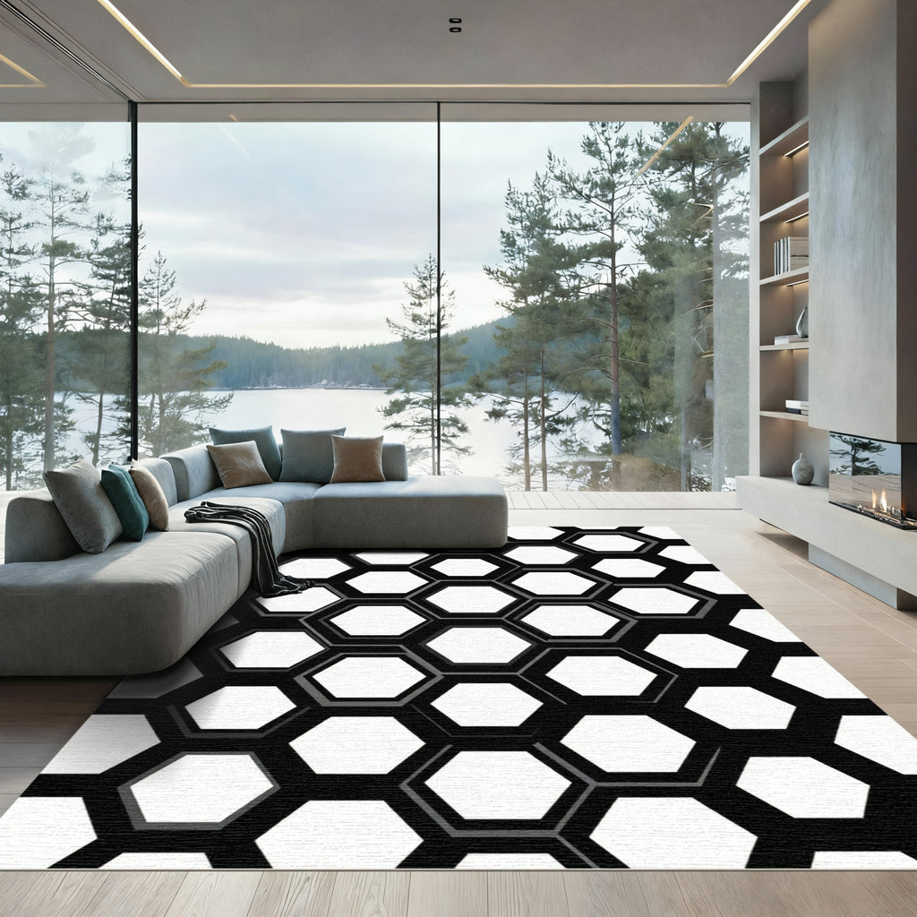 Modern Black and White Hexagon Grid Rug