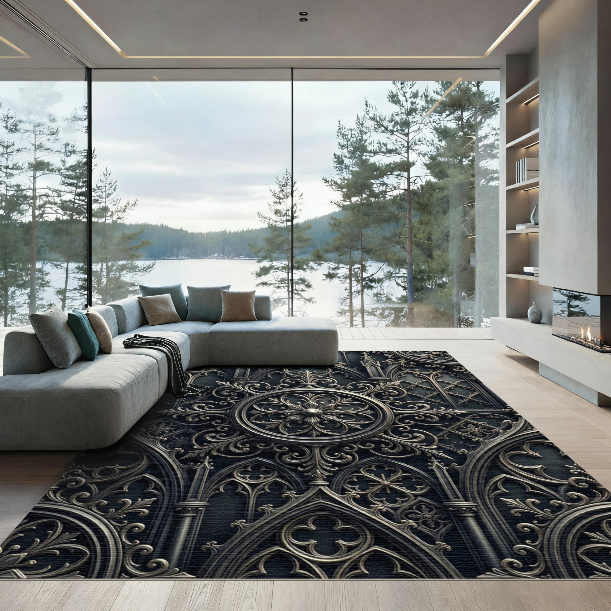 Gothic Charcoal Metallic Ornate Medallion Rug