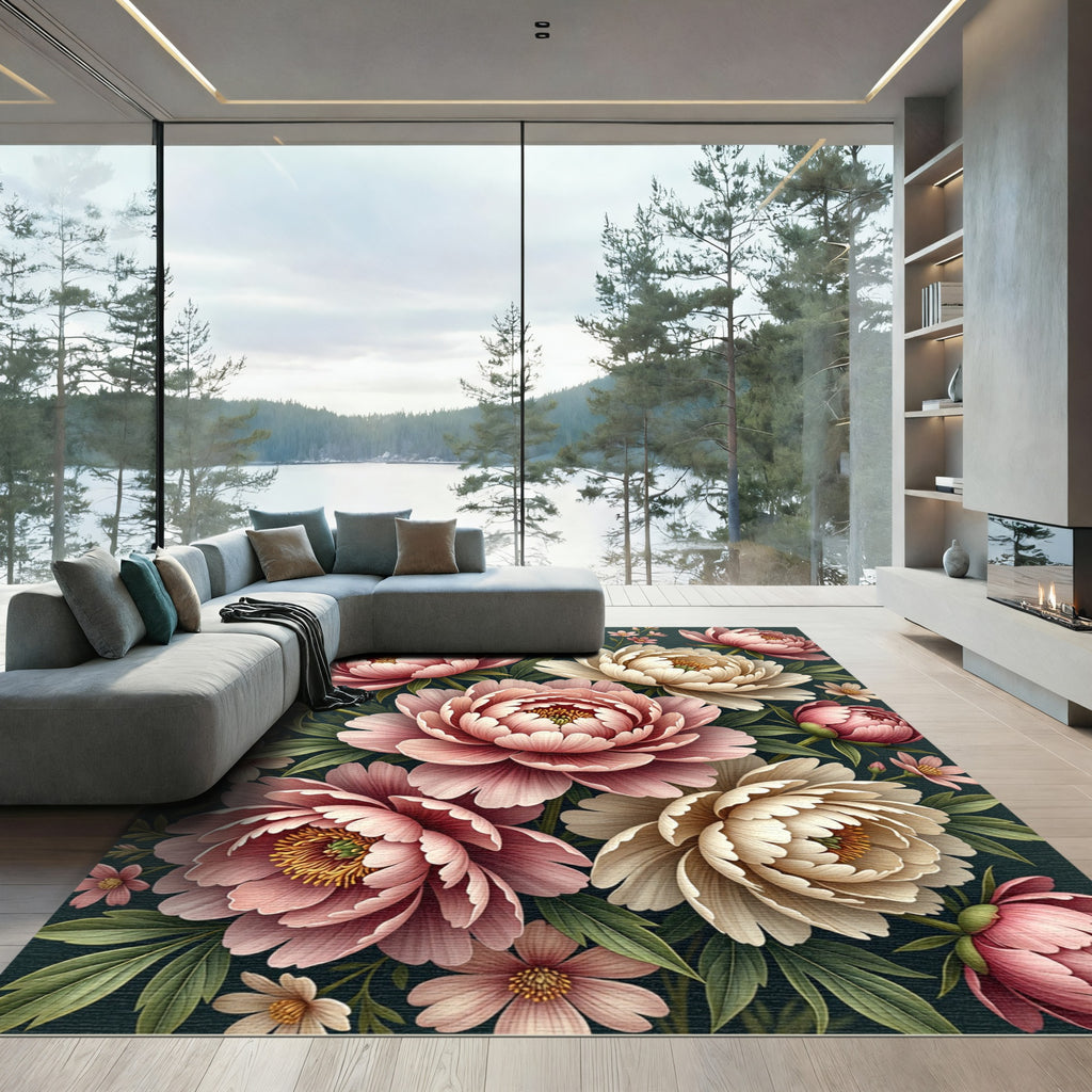 Elegant Blush Peony Botanical Illustration Rug