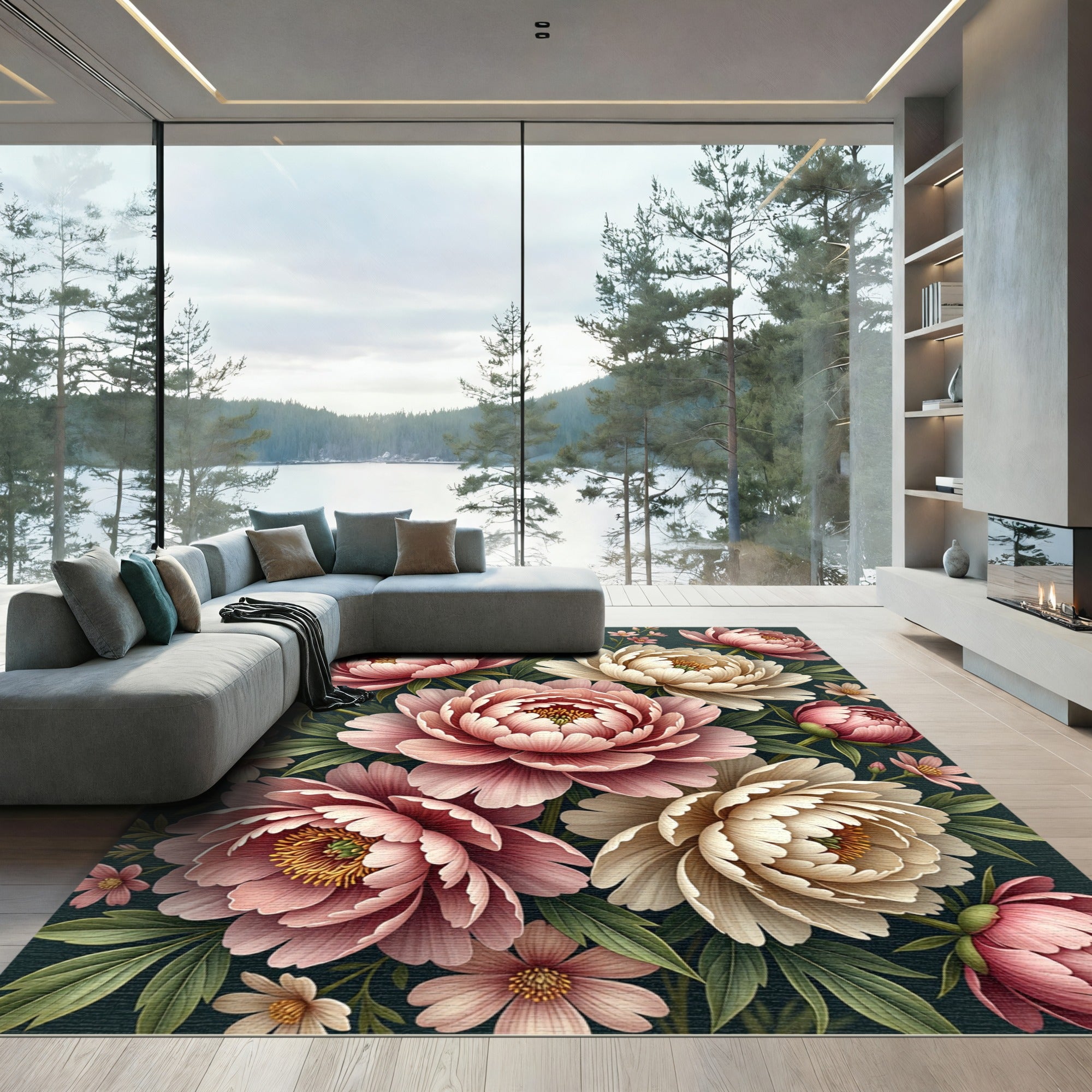 Elegant Blush Peony Botanical Illustration Rug