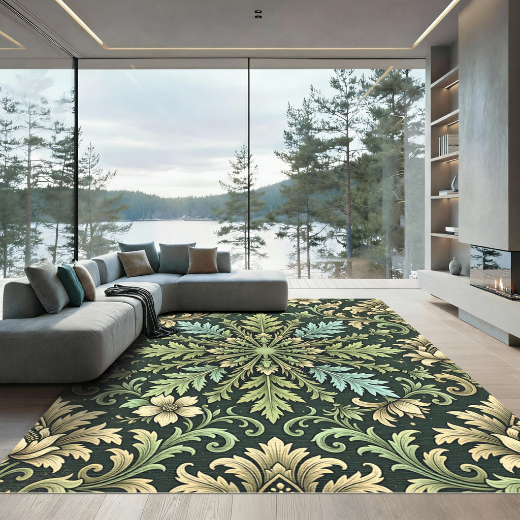 Elegant Sage Green Botanical Damask Rug