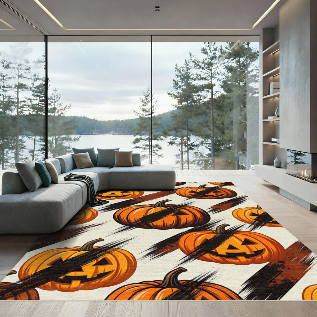 Spooky Jack-o-Lantern Black Brushstroke Accent Rug