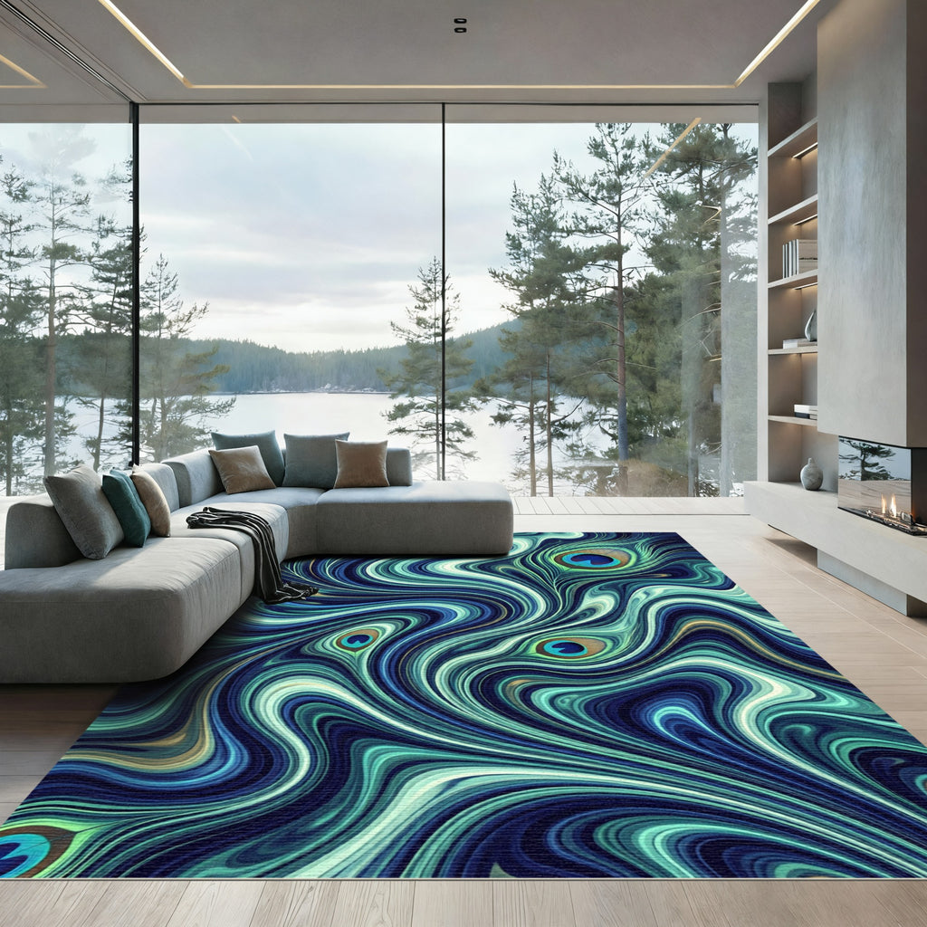 Fluid Teal Peacock Feather Swirl Rug