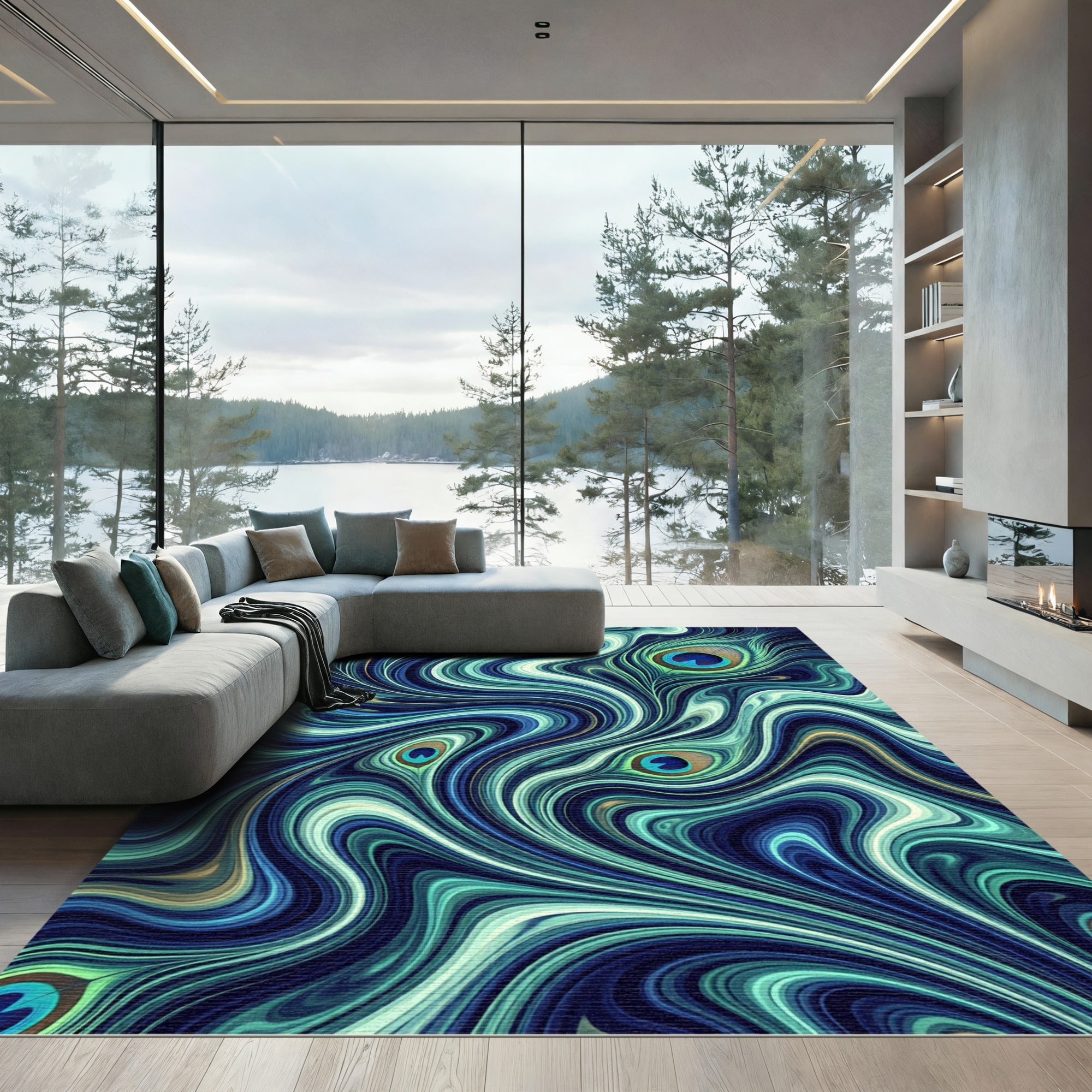 Fluid Teal Peacock Feather Swirl Rug