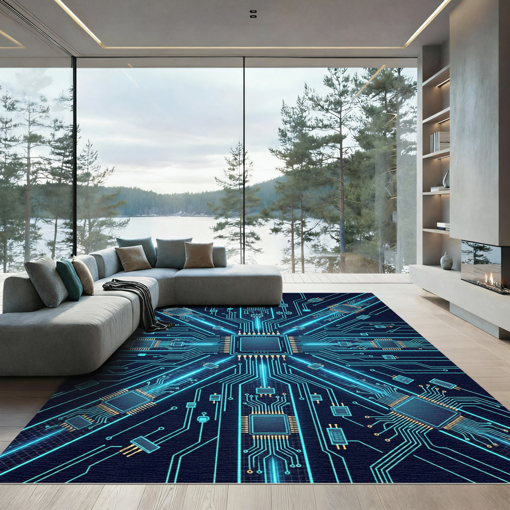 Cybernetic Blue Circuit Board Matrix Rug