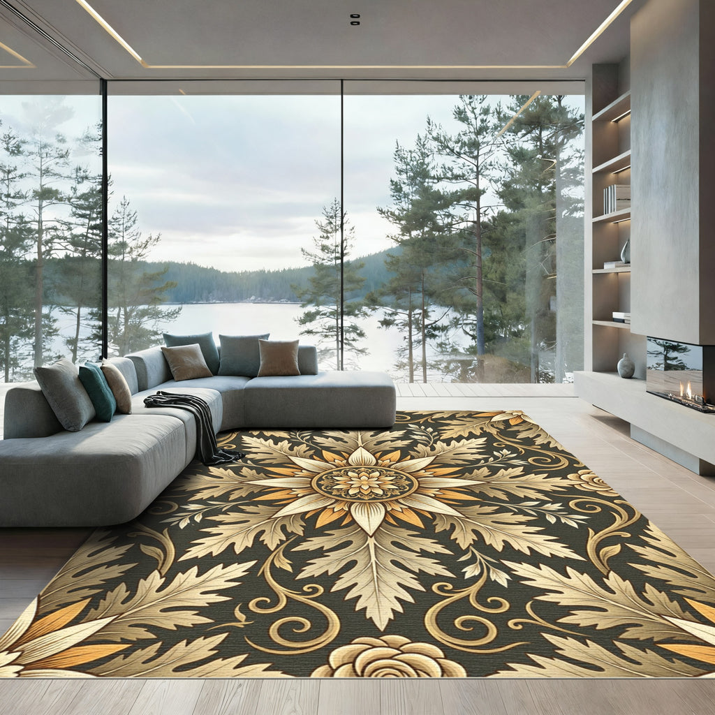 Golden Floral Acanthus Leaf Medallion Rug