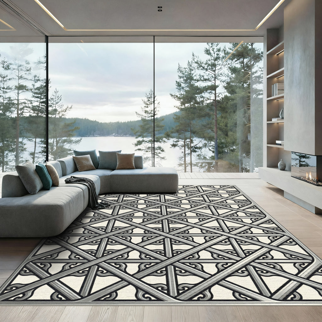Silver Interlocking Lattice Swirl Rug